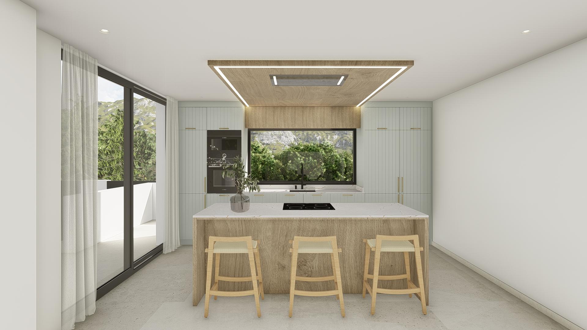 Open-plan living and dining area with tiled flooring, 3-bedroom villa, Pla de Cantal