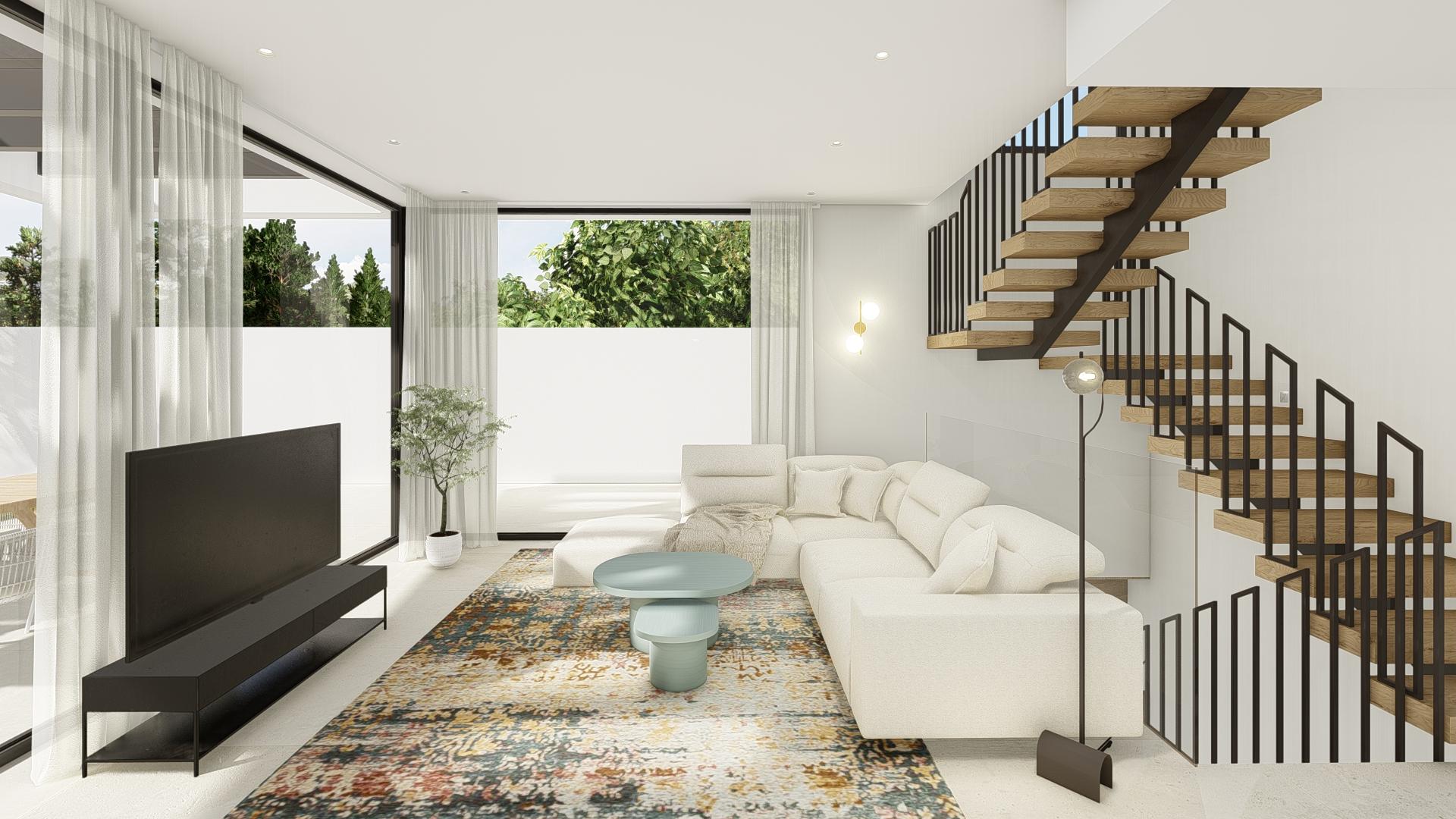 Living room with floor-to-ceiling windows, new-build villa, Pla de Cantal