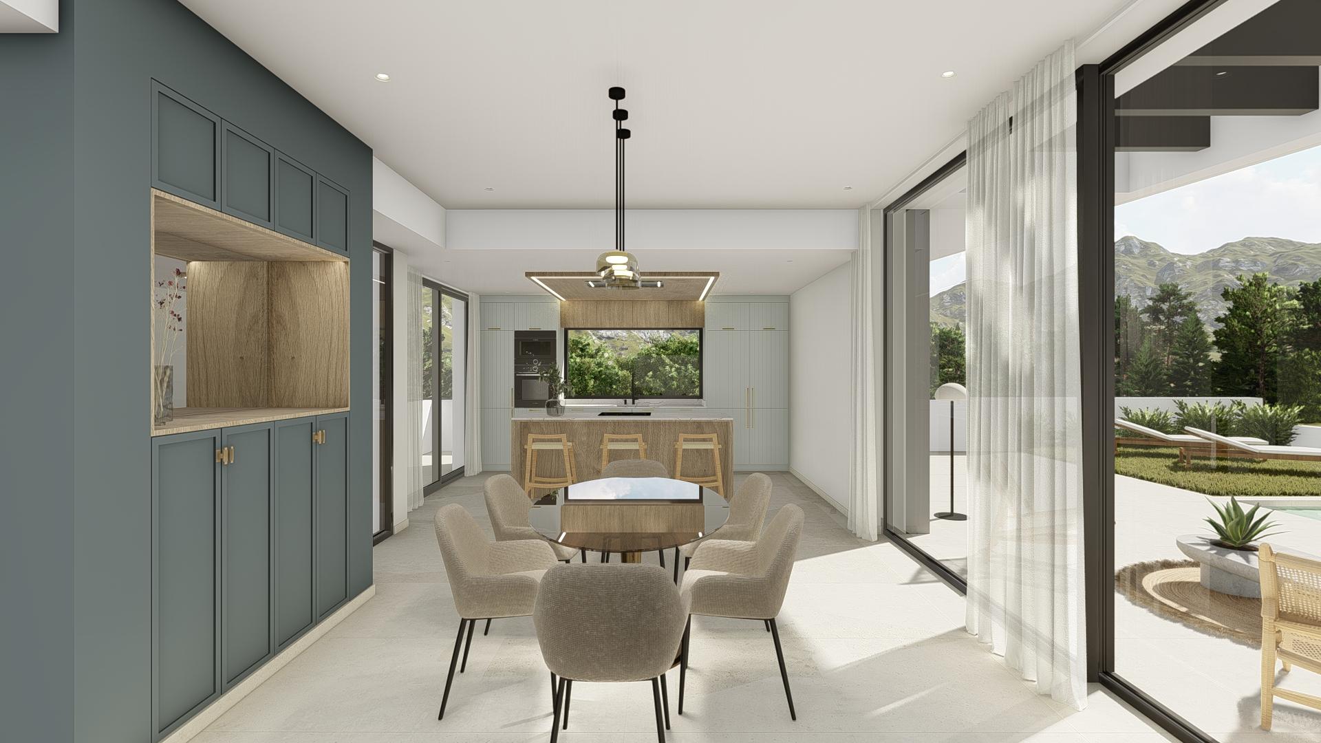 Dining area with glazed doors to outdoor patio, villa in Pla de Cantal