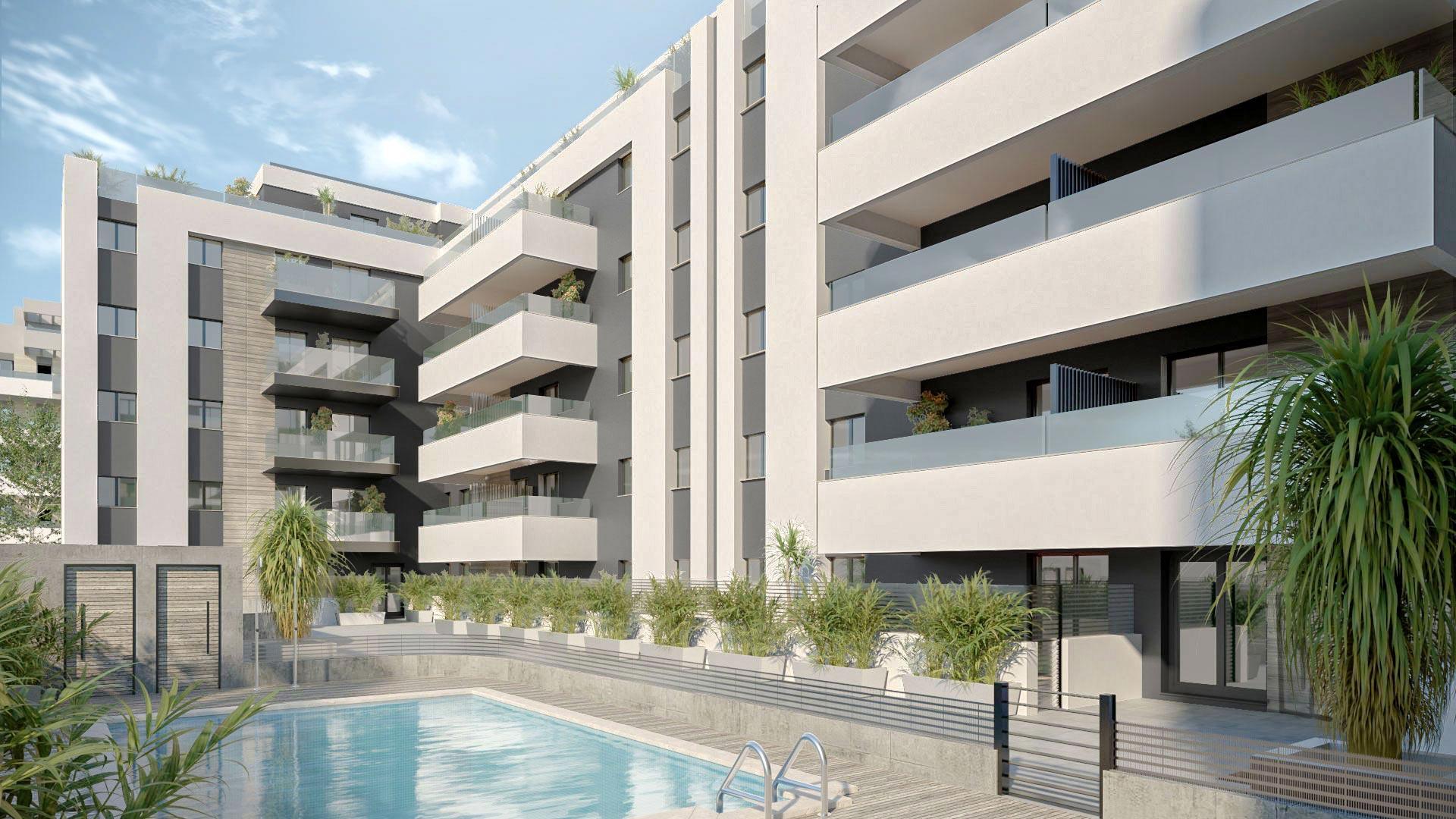 Communal gardens with landscaping at new-build complex, Las Flores, Mijas