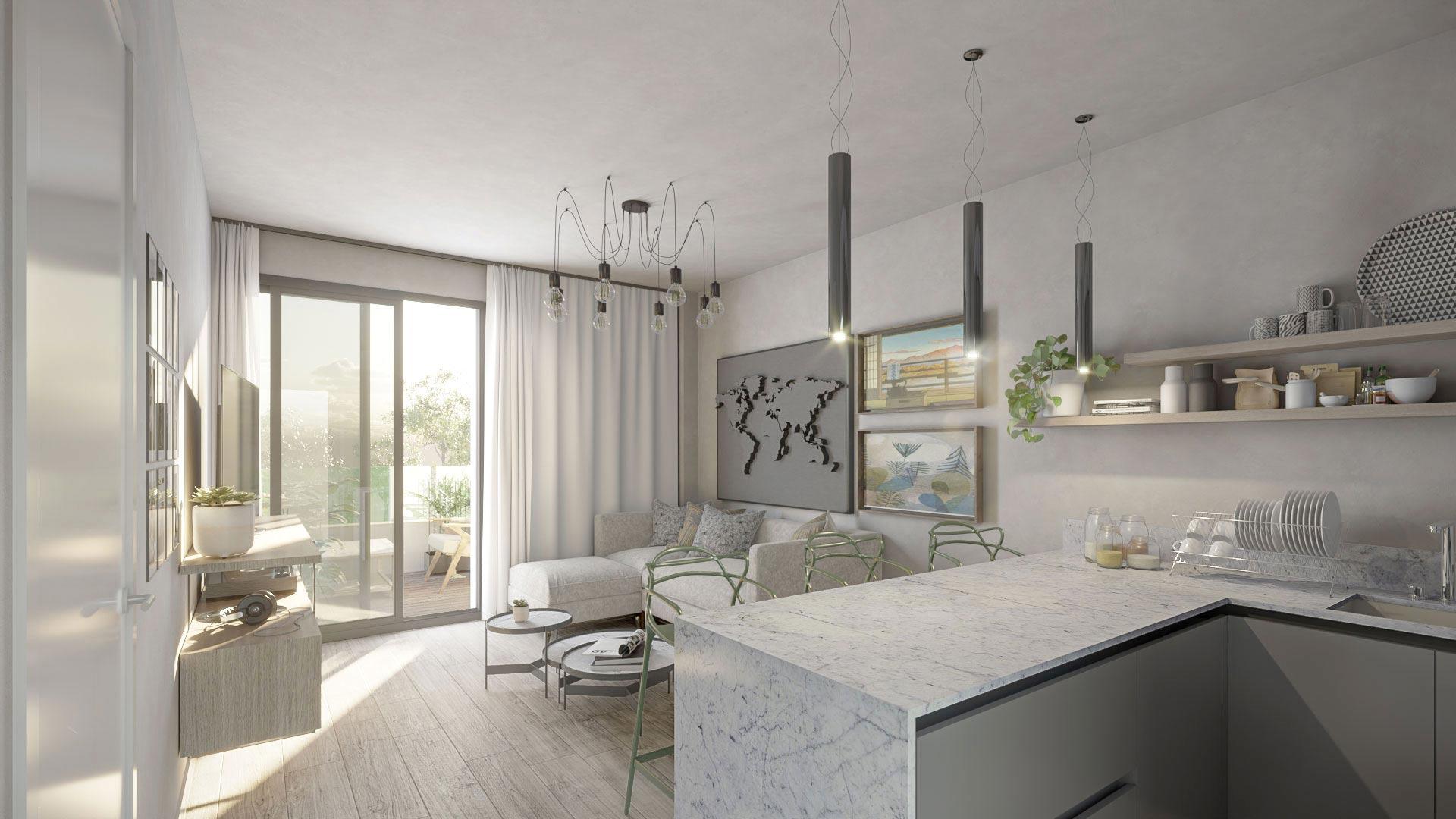 Open-plan living and dining area with porcelain tile floors in 3-bedroom apartment, Las Flores, Mijas