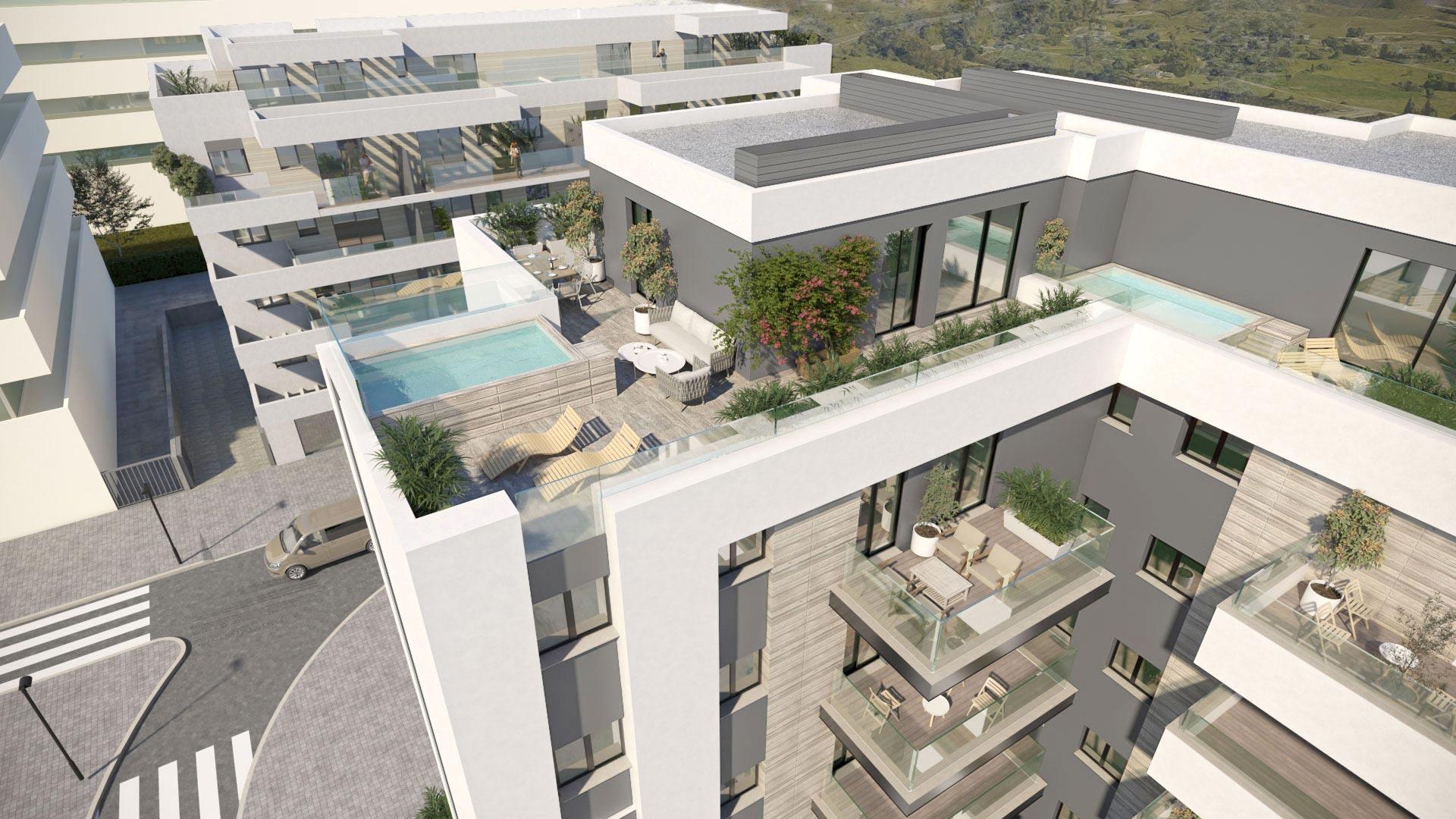 Communal pool area of new-build residential complex, Las Flores, Mijas