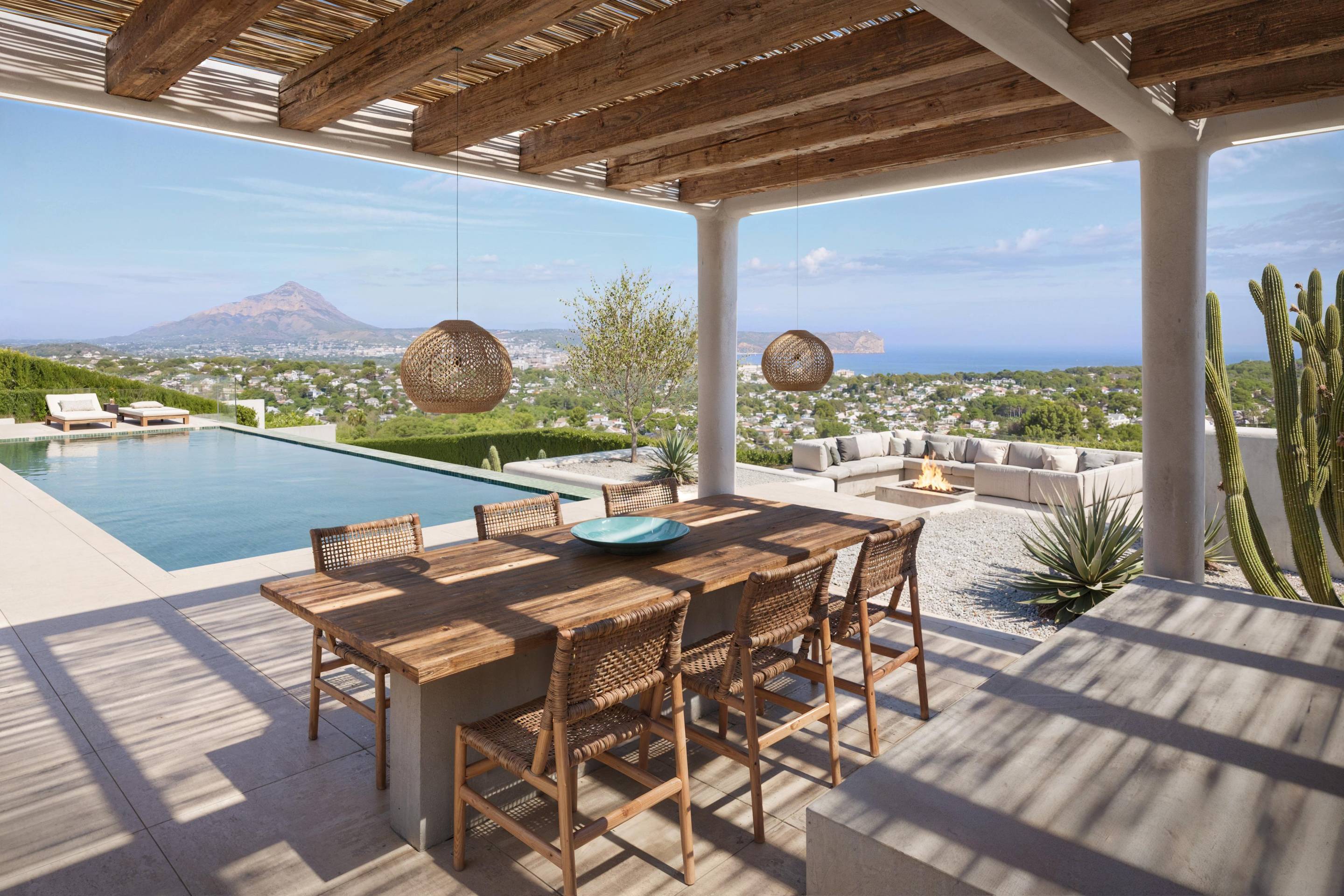 Private swimming pool and surrounding terrace of new-build villa in La Granadella, Jávea