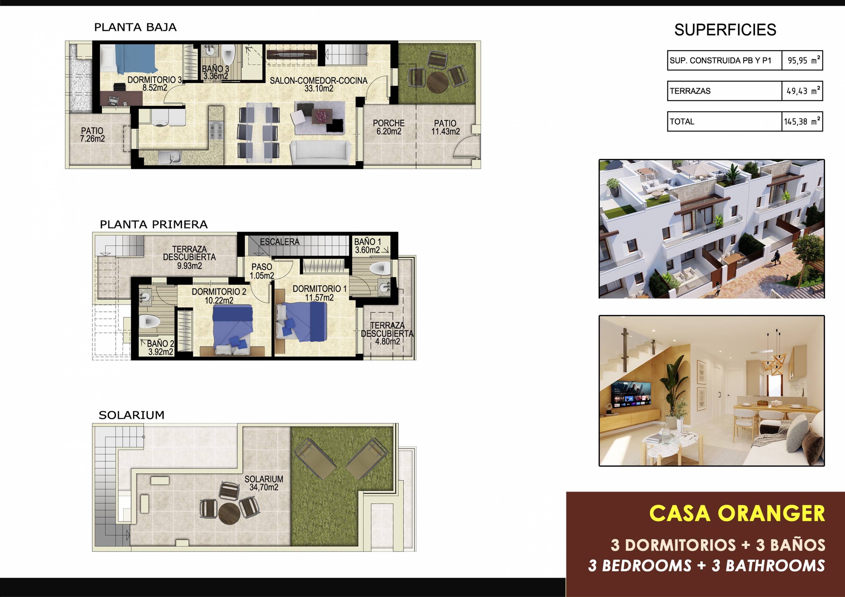 Floor plan of 95 m2 three-bedroom ground-floor apartment, Desamparados, Orihuela