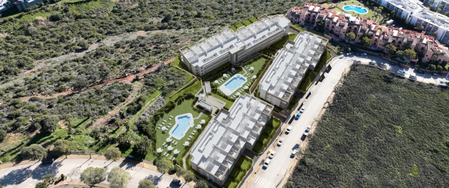 Exterior facade of new-build residential block, Bahia de las Rocas, Manilva
