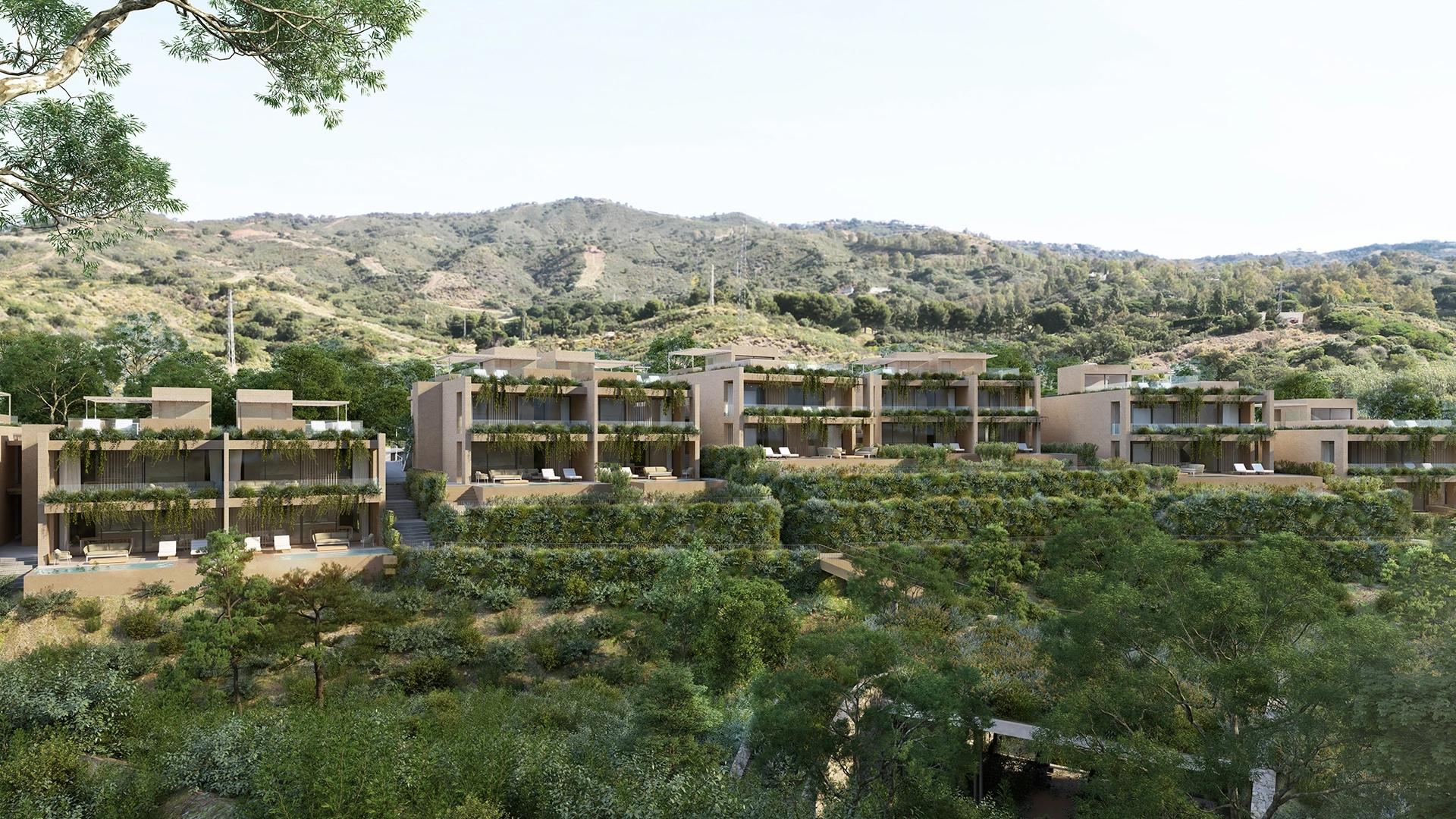 Exterior facade of two-storey new-build development showing penthouse floor, Santa María, Marbella