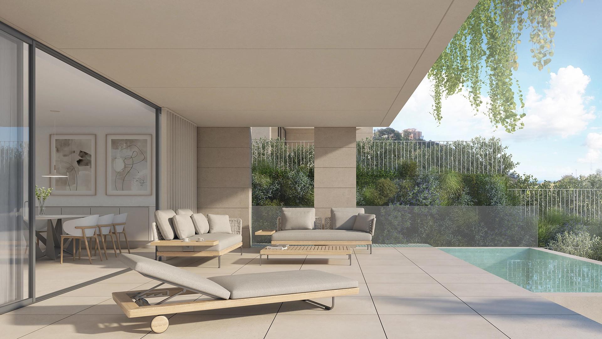 Communal pool and landscaped area of new-build development, Santa María, Marbella