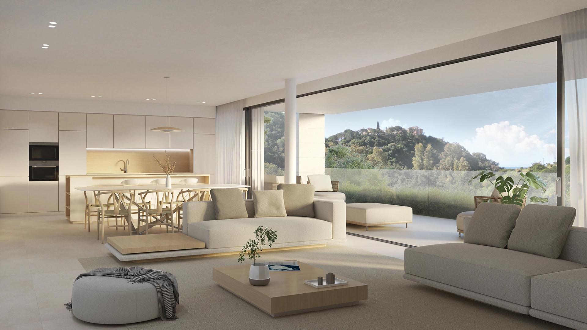 Open-plan living and dining area with floor-to-ceiling windows in 3-bedroom penthouse, Santa María, Marbella