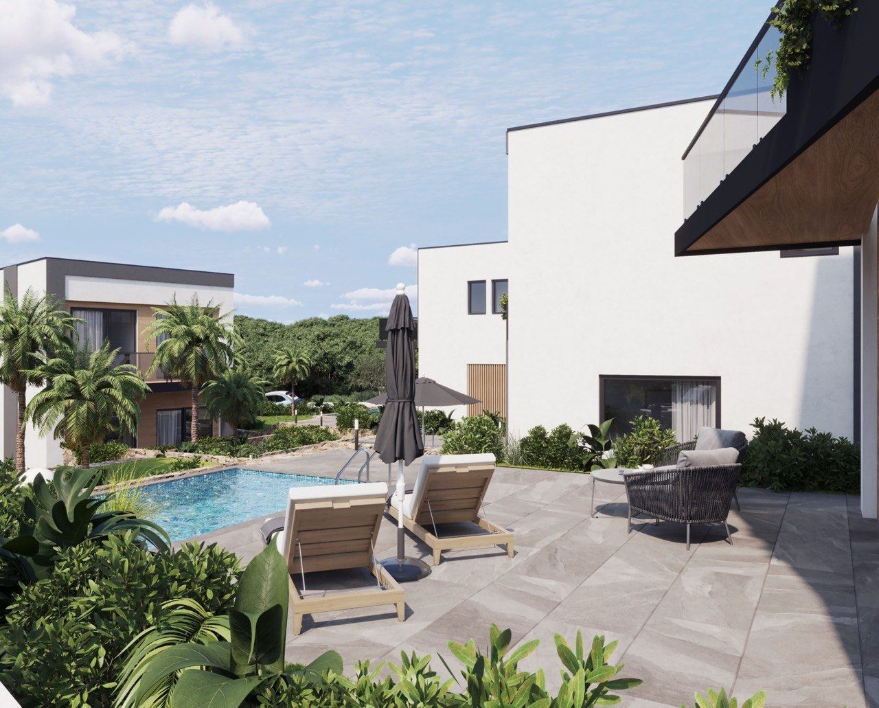 Pool terrace with outdoor seating area, 3-bedroom villa, Golf Bahía