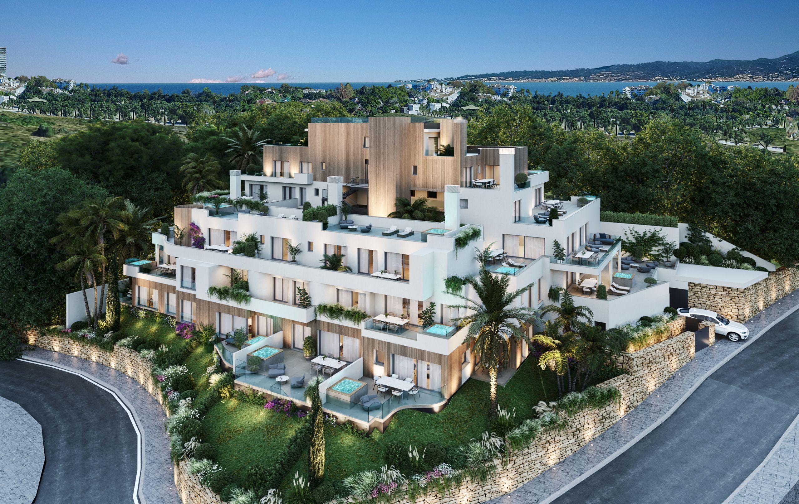Evening exterior of new-build residential complex, Rio Real, Marbella