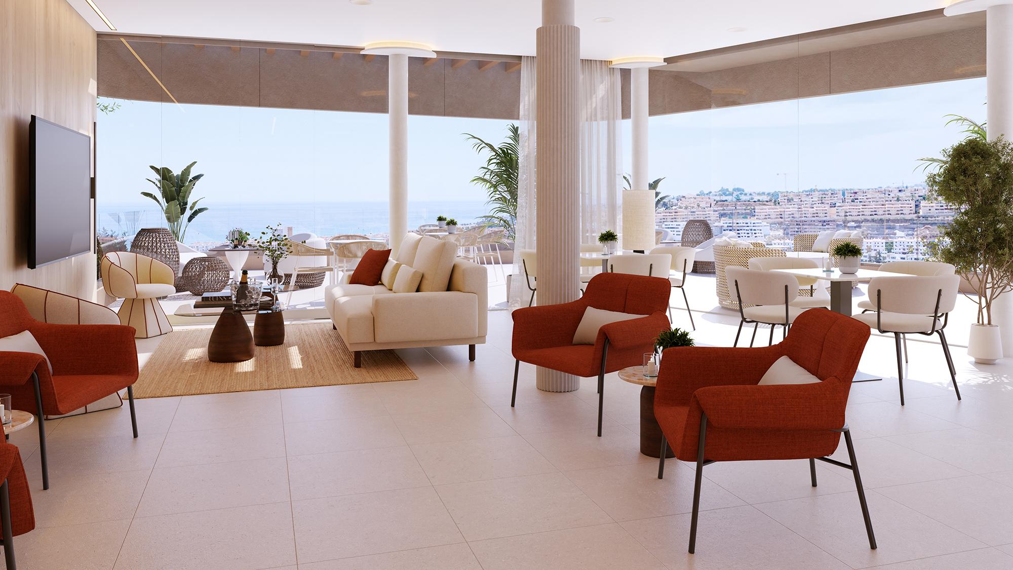 Communal area with mature planting, new-build development, La Cala de Mijas