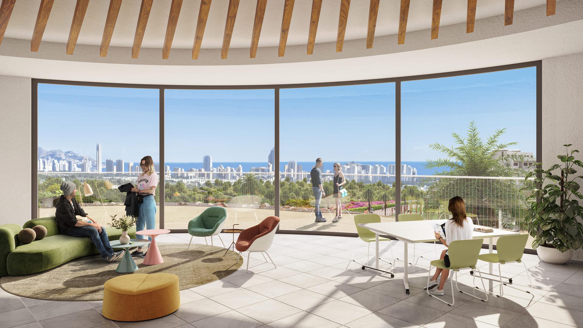 Open-plan living and dining area with ceramic flooring in 2-bedroom penthouse, Camporrosso Village
