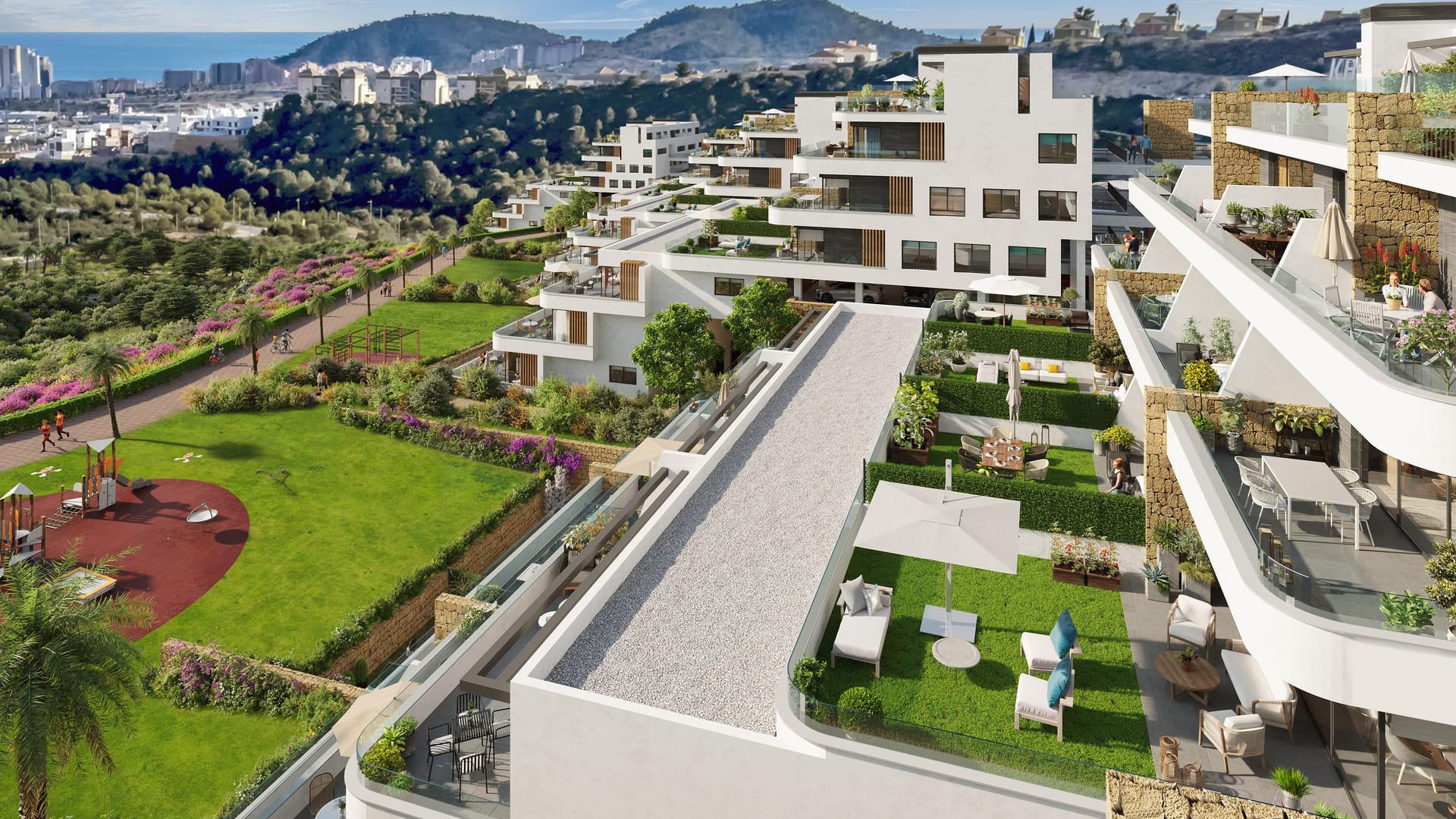 Kitchen with integrated appliances and cabinetry in new-build penthouse, Camporrosso Village