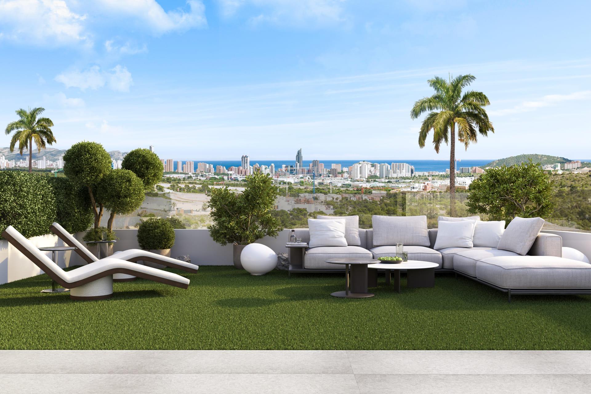 Pool area with sun loungers at new-build complex, Camporrosso Village, Finestrat