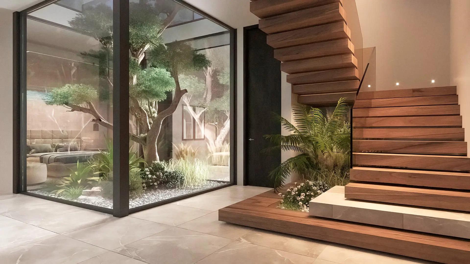 Garden and pool surround with planted borders in new-build villa, El Madroñal