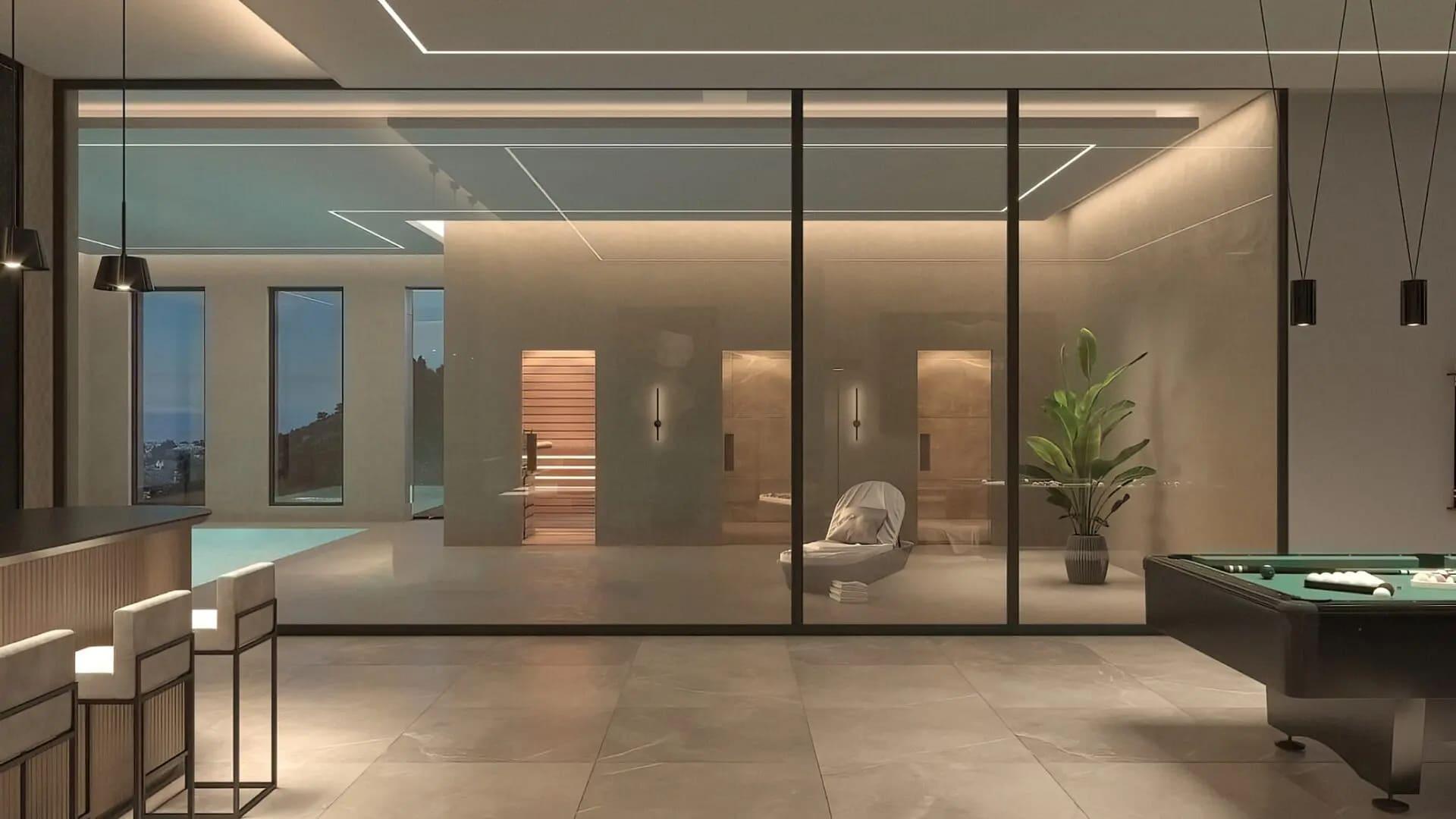 Driveway and entrance facade of new-build villa in El Madroñal, Benahavis