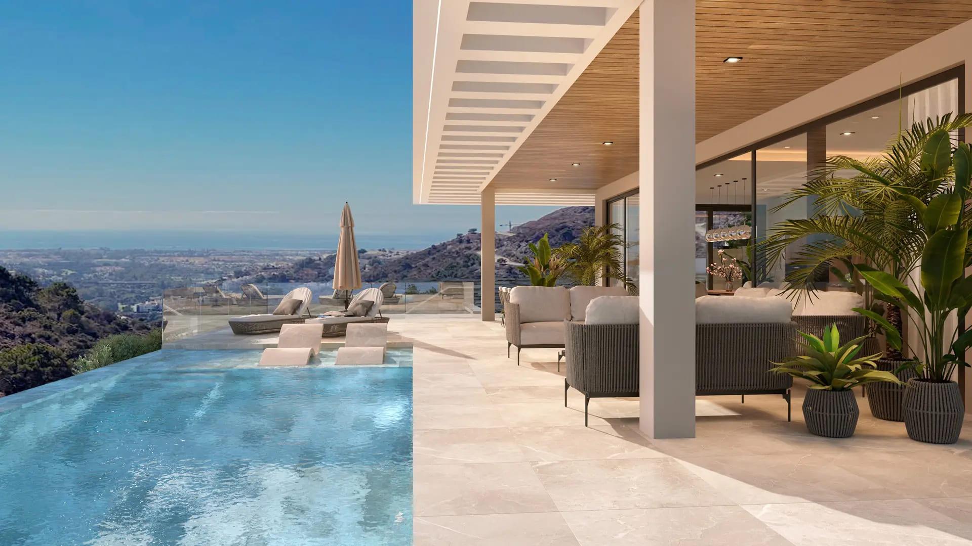 Elevated view of villa plot and surrounding hillside in El Madroñal, Benahavis