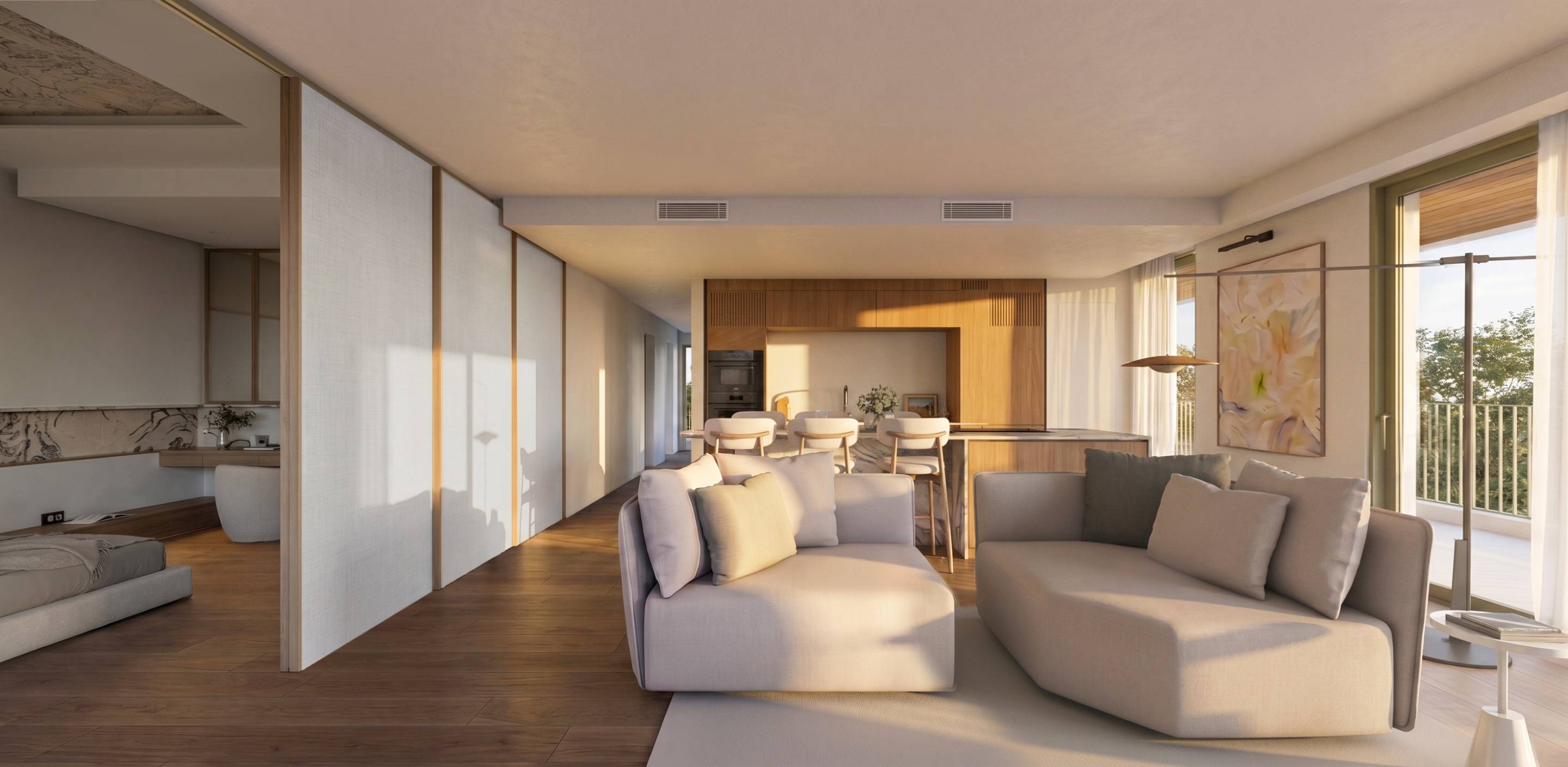 Kitchen island and adjacent dining area in 3-bedroom penthouse, La Calerita, Fuengirola