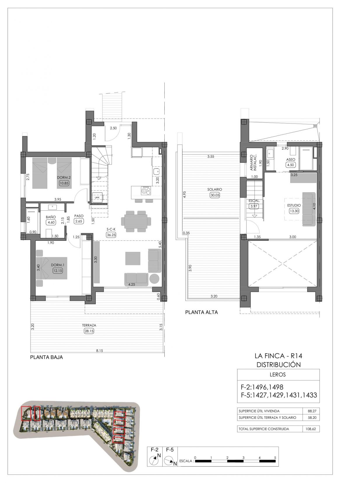 Floor plan showing 108m2 layout of 3-bedroom new-build townhouse, Algorfa