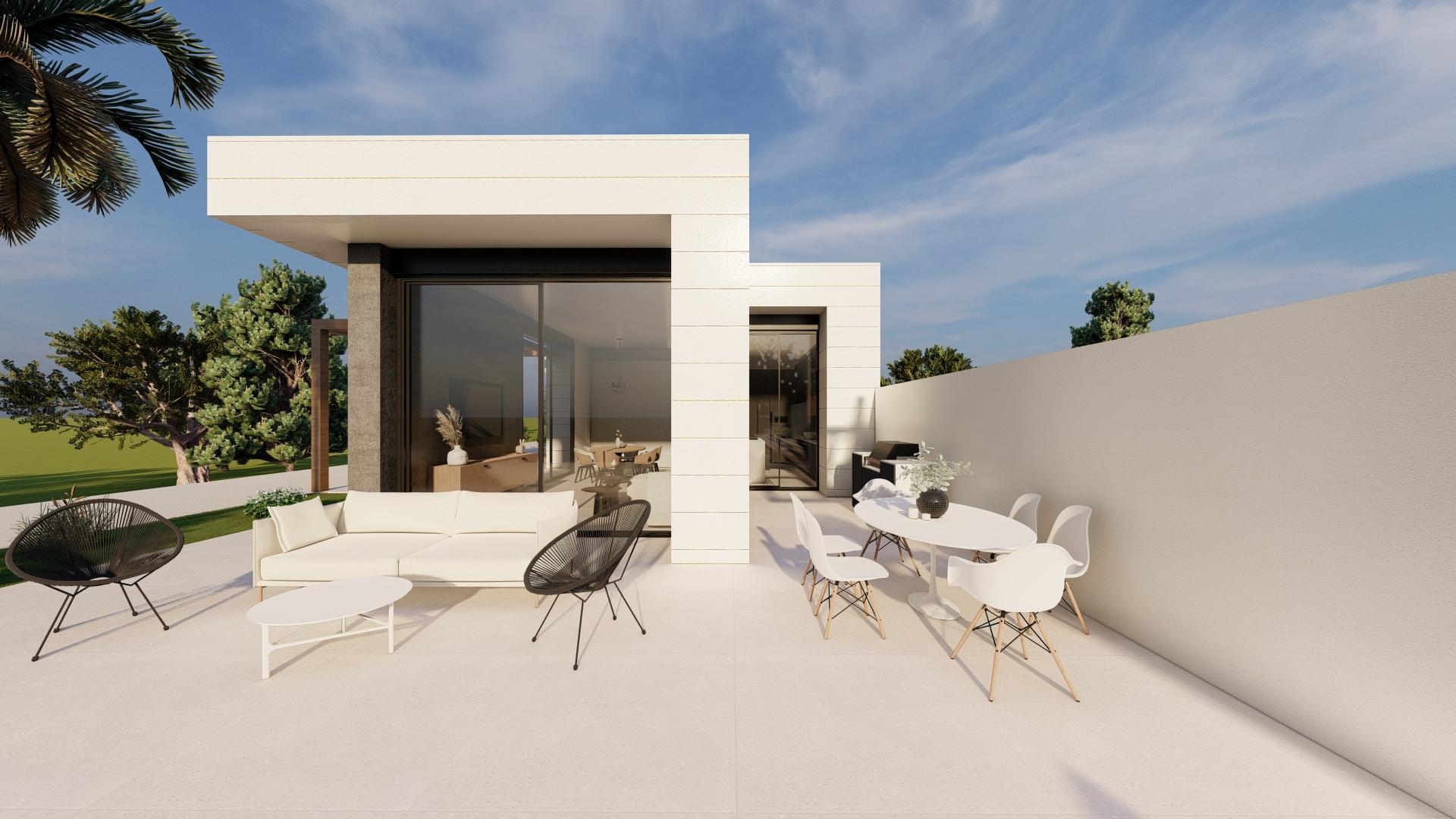 Evening exterior of new-build villa with pool lighting, Lo Romero Golf