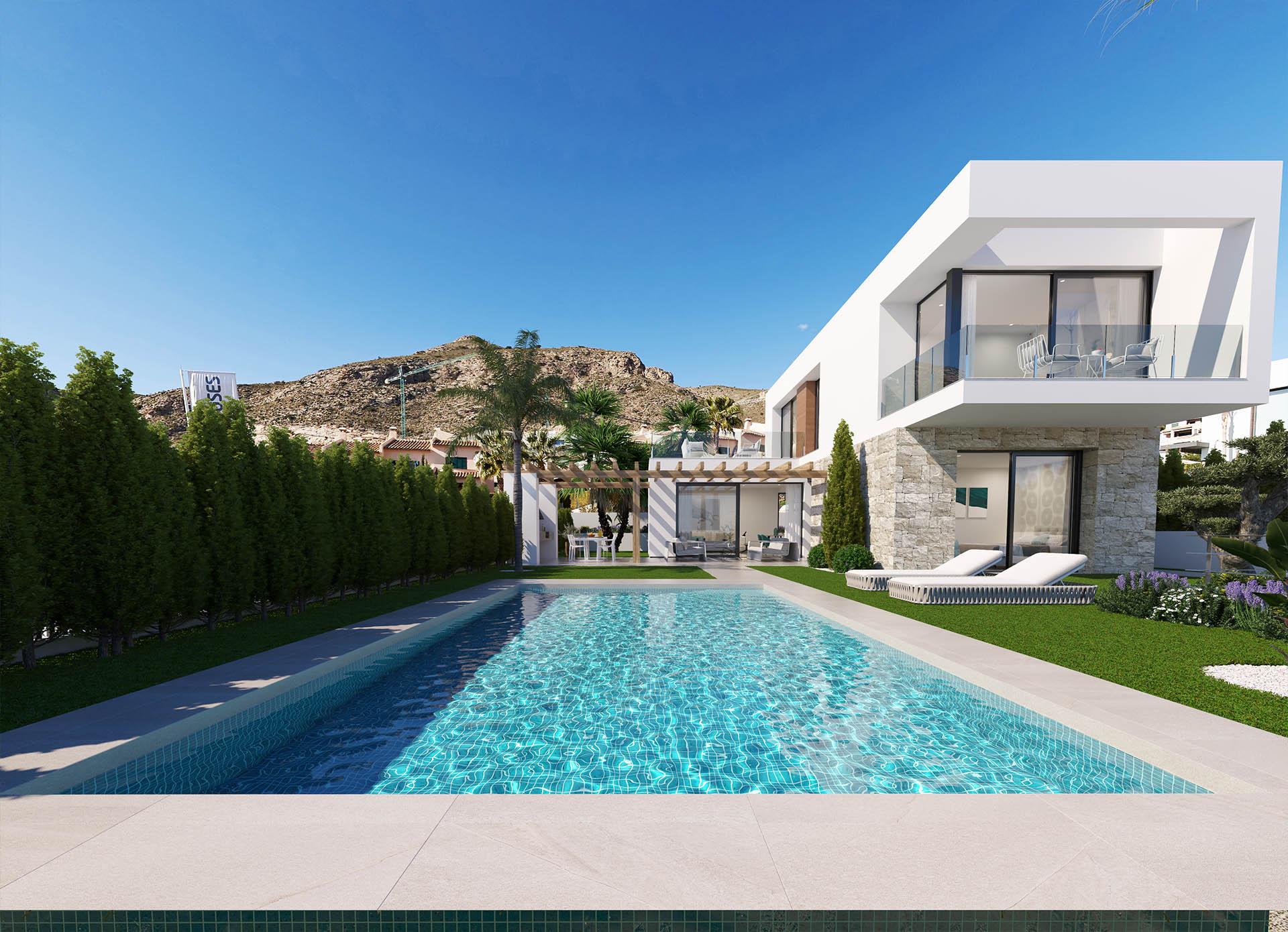 Dining area with glazed doors in new-build villa, Sierra Cortina, Finestrat
