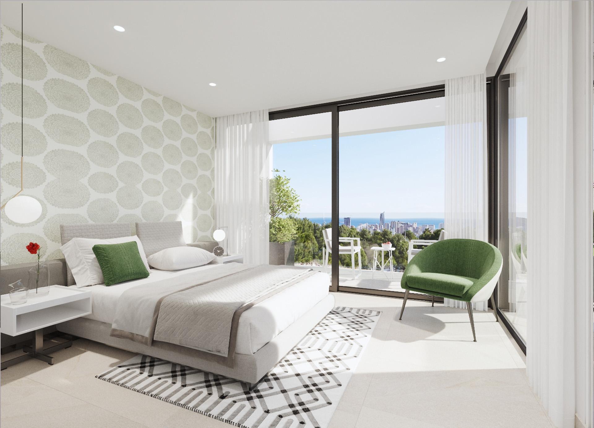 Window view looking outward from inside new-build villa, Sierra Cortina, Finestrat