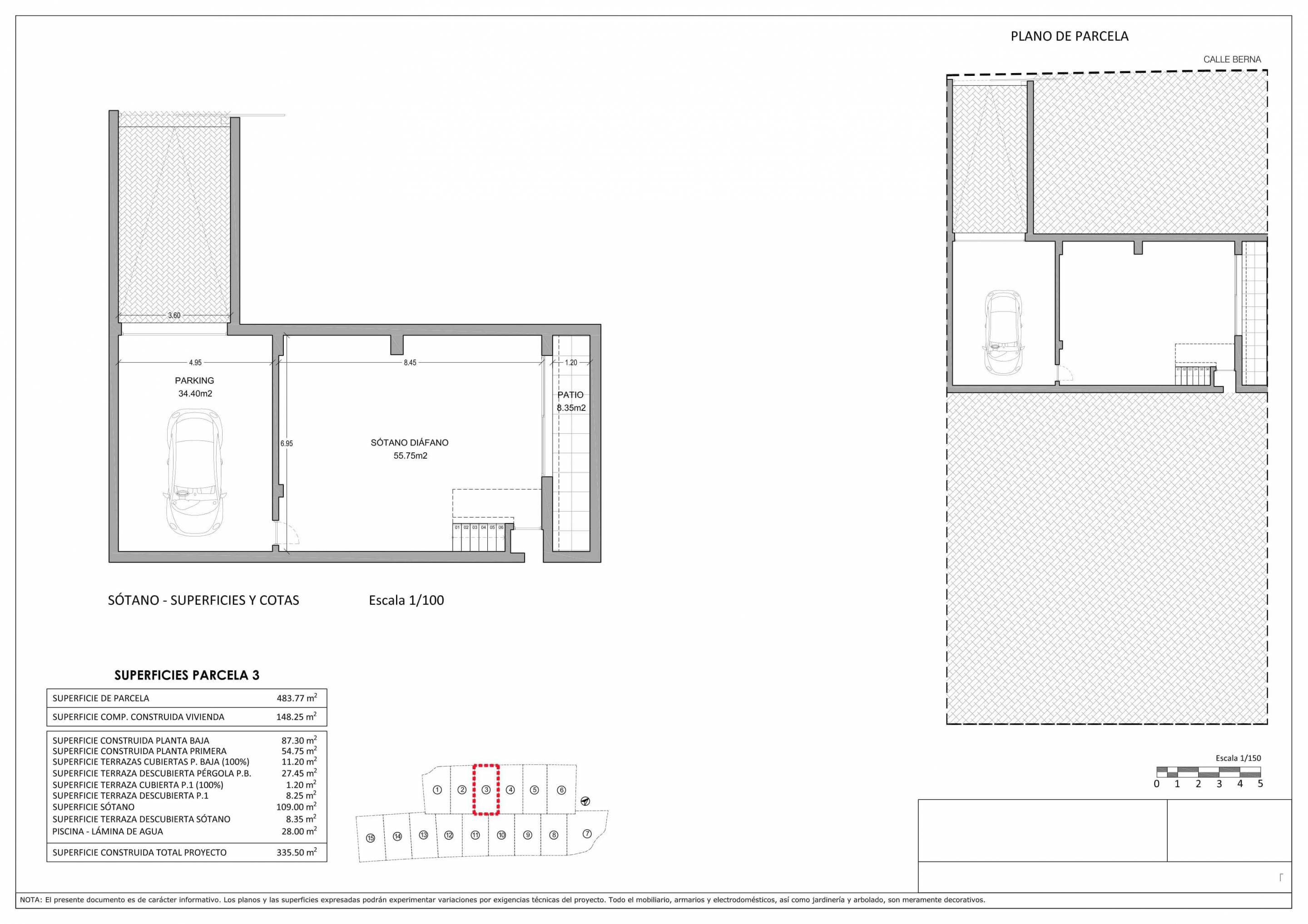 Site plan showing 483m² plot layout and building footprint, Sierra Cortina, Finestrat