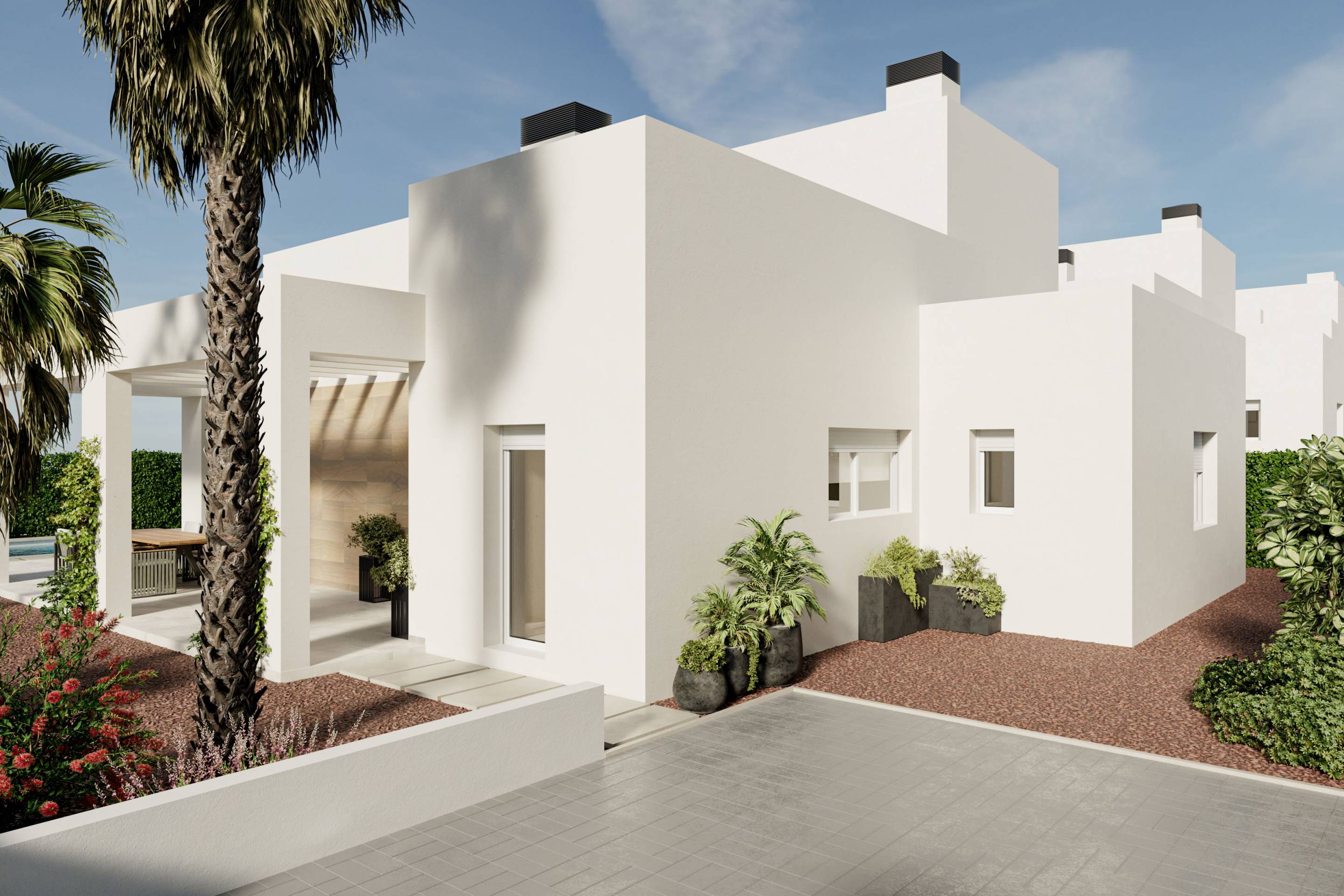 Private swimming pool and terrace of 4-bedroom new-build villa at La Finca Golf, Algorfa