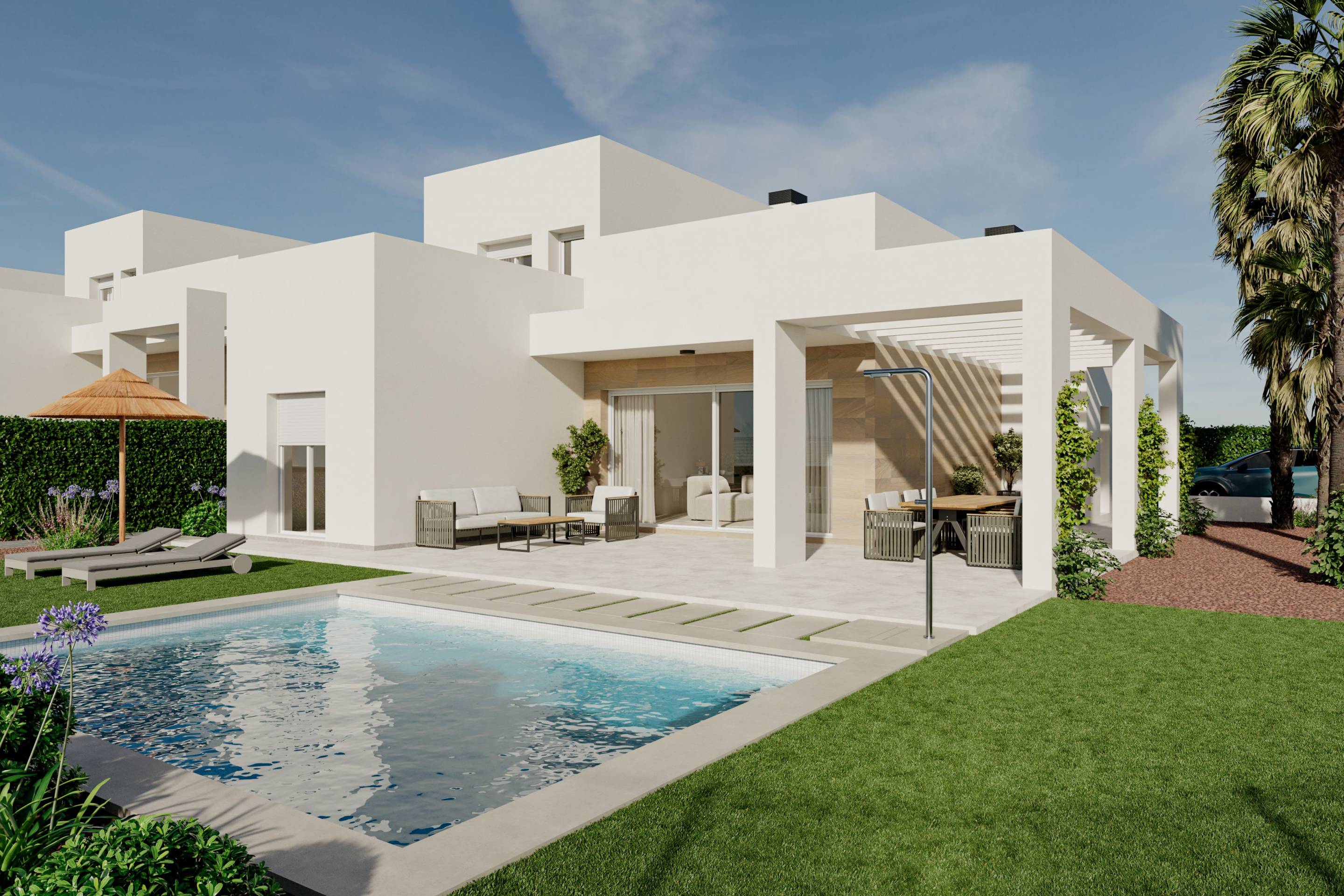 Solarium level of new-build villa at La Finca Golf, Algorfa, with open views