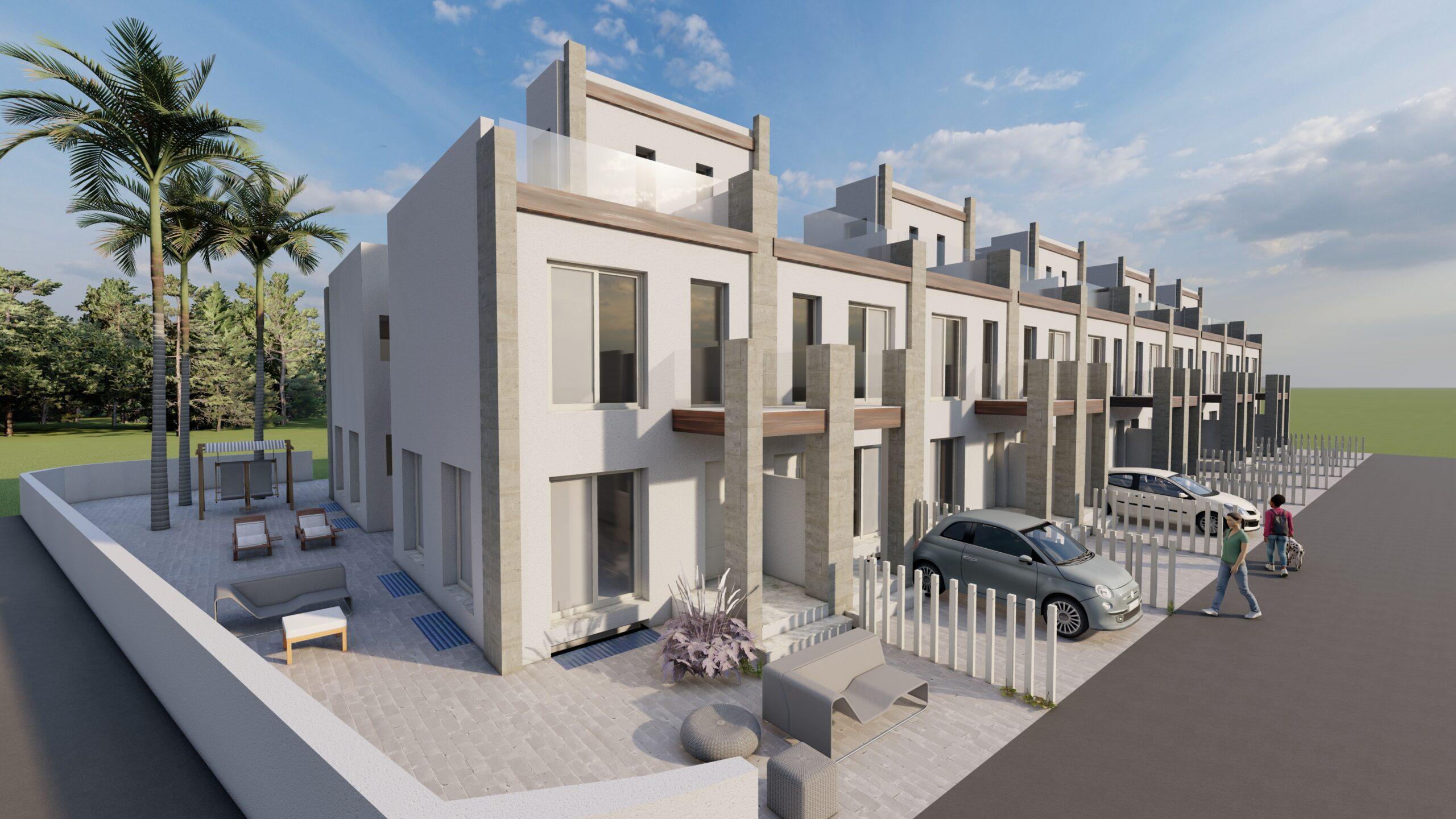 Facade of new-build townhouse complex, Monte y Mar Bajo, Gran Alacant