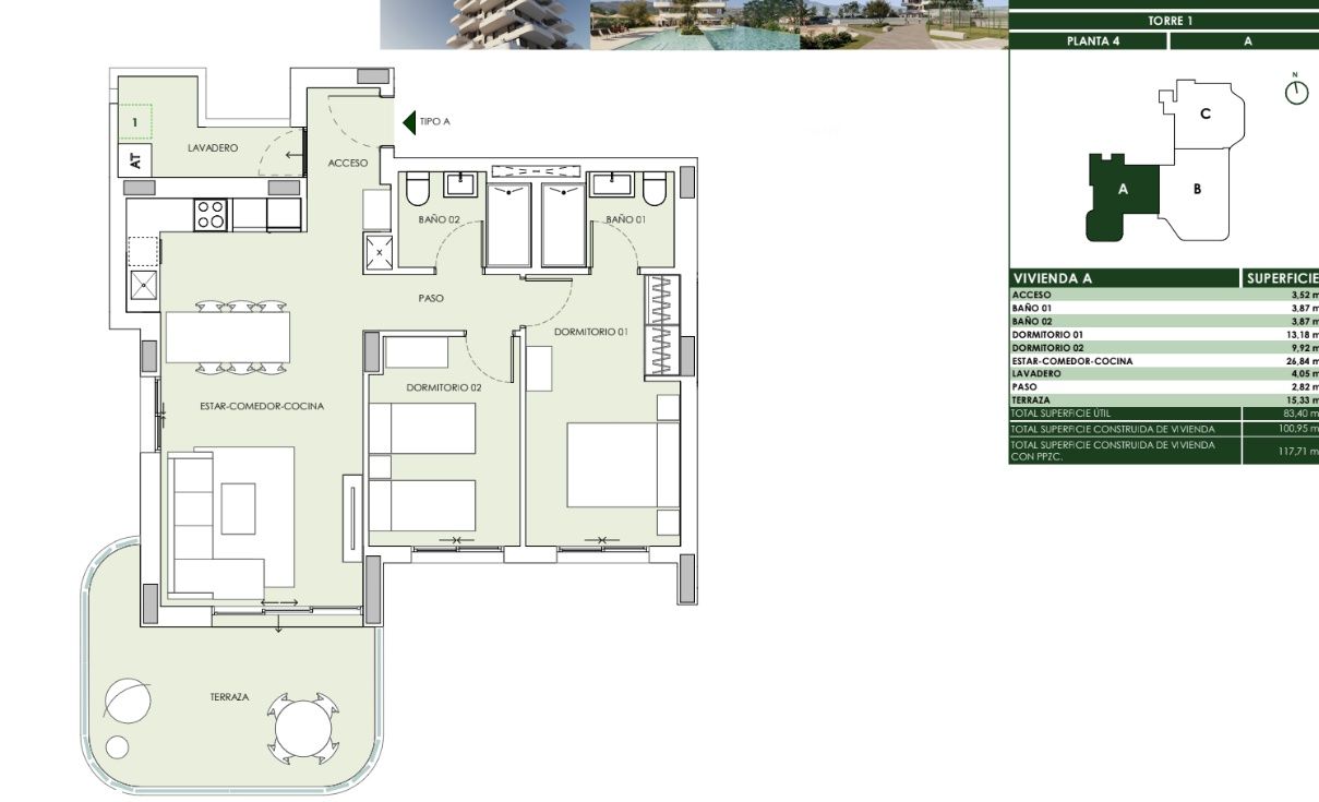 Floor plan of the 2-bedroom, 2-bathroom apartment, Playa Arenal-Bol, Calpe