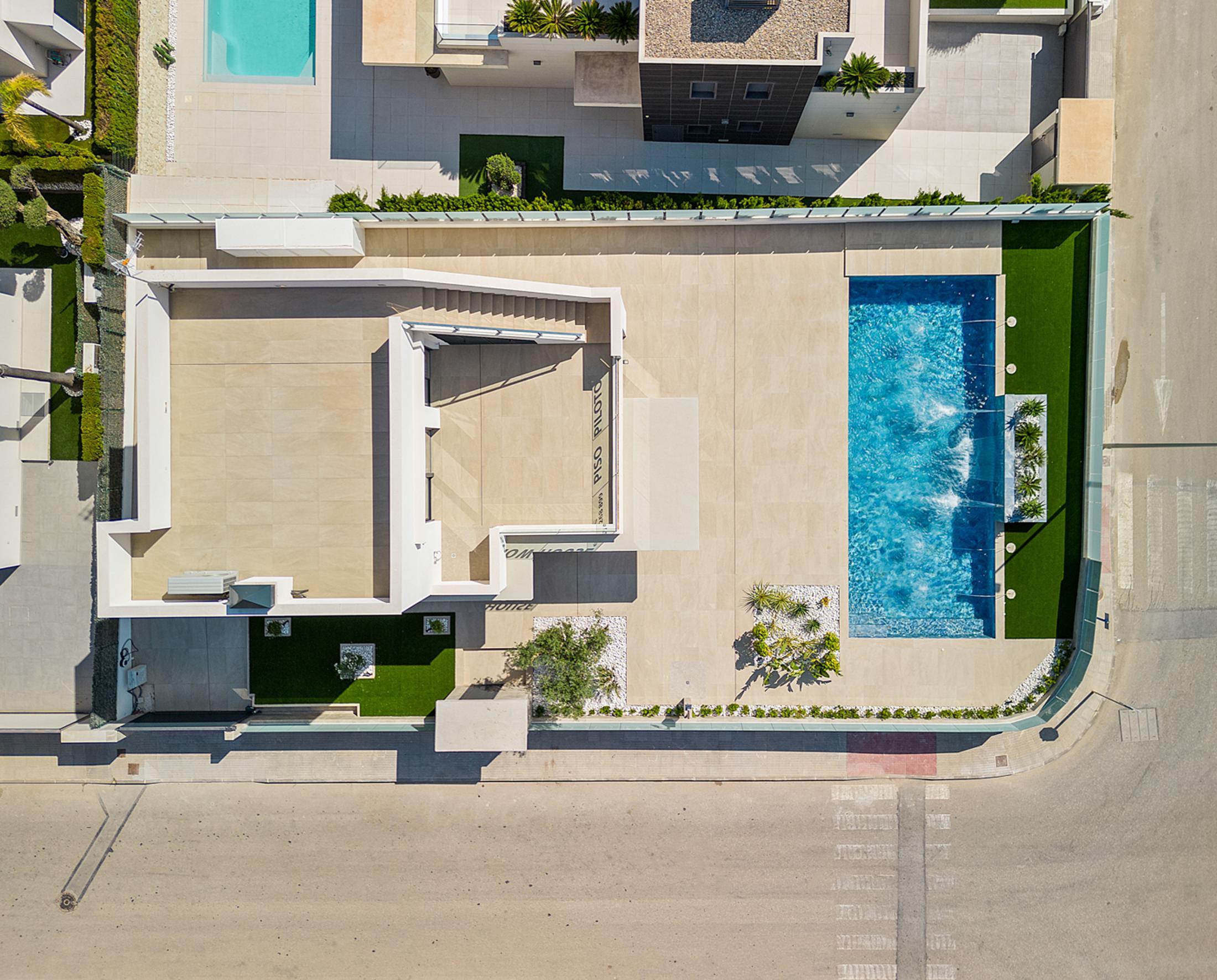 Solarium seating area on rooftop, new-build villa, Campoamor