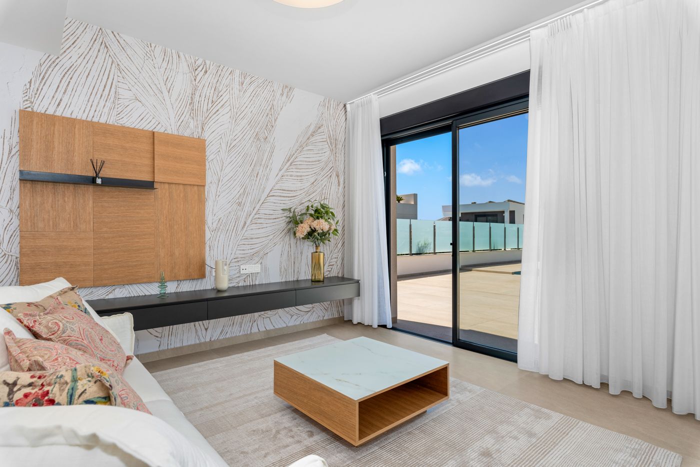 Outdoor area along plot boundary, new-build villa, Campoamor