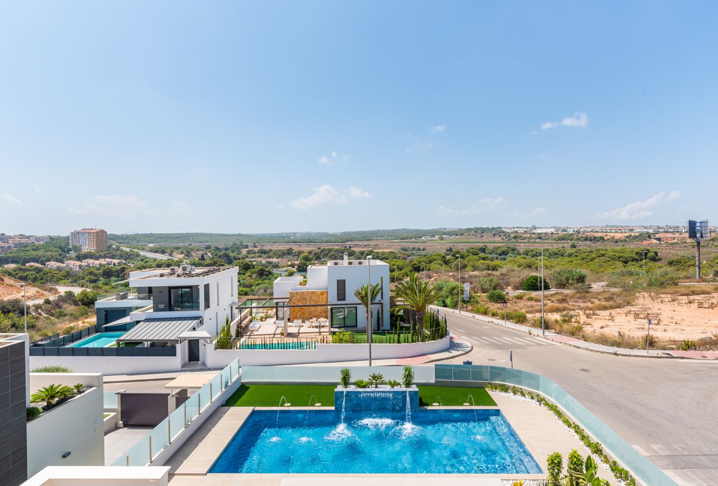 Living room interior with large double-glazed windows, new-build villa, Campoamor