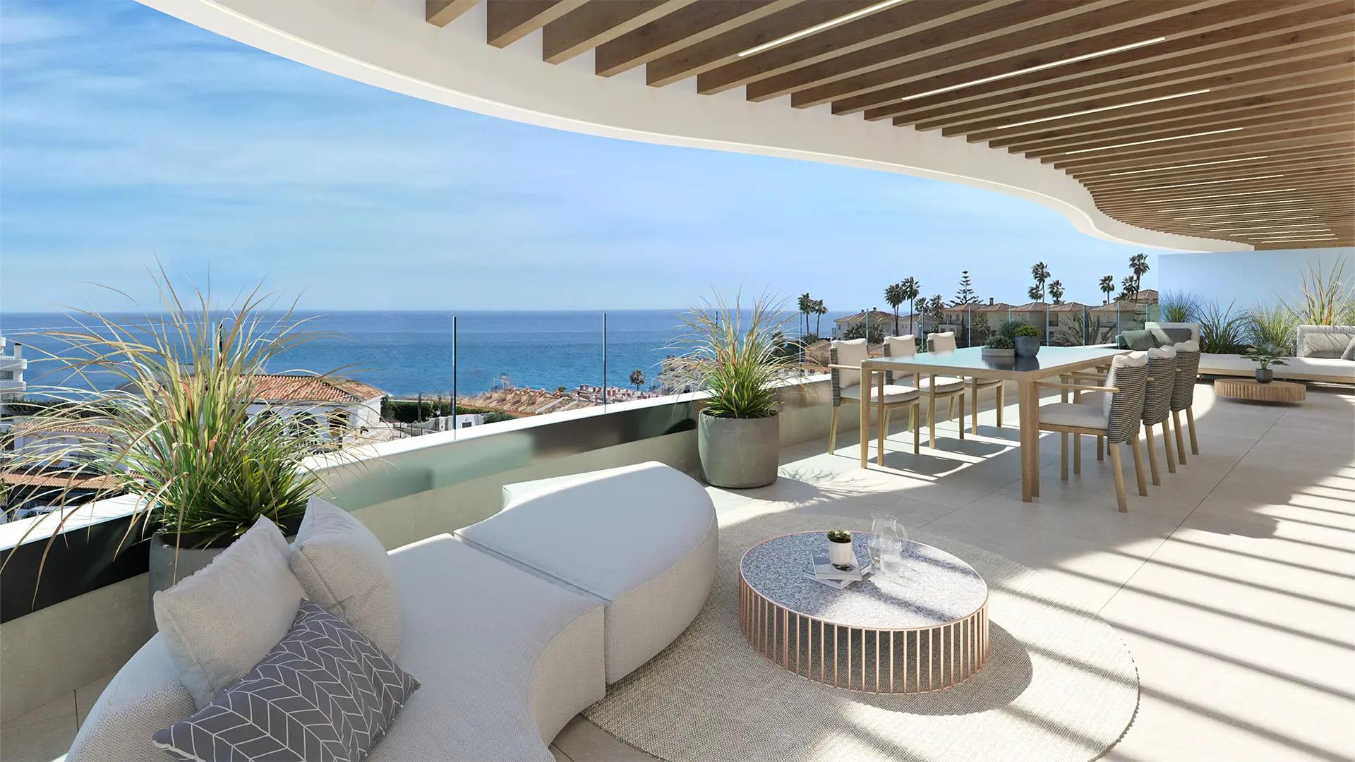 Open-plan living and dining area in 3-bedroom new-build penthouse, Calaburra, Mijas