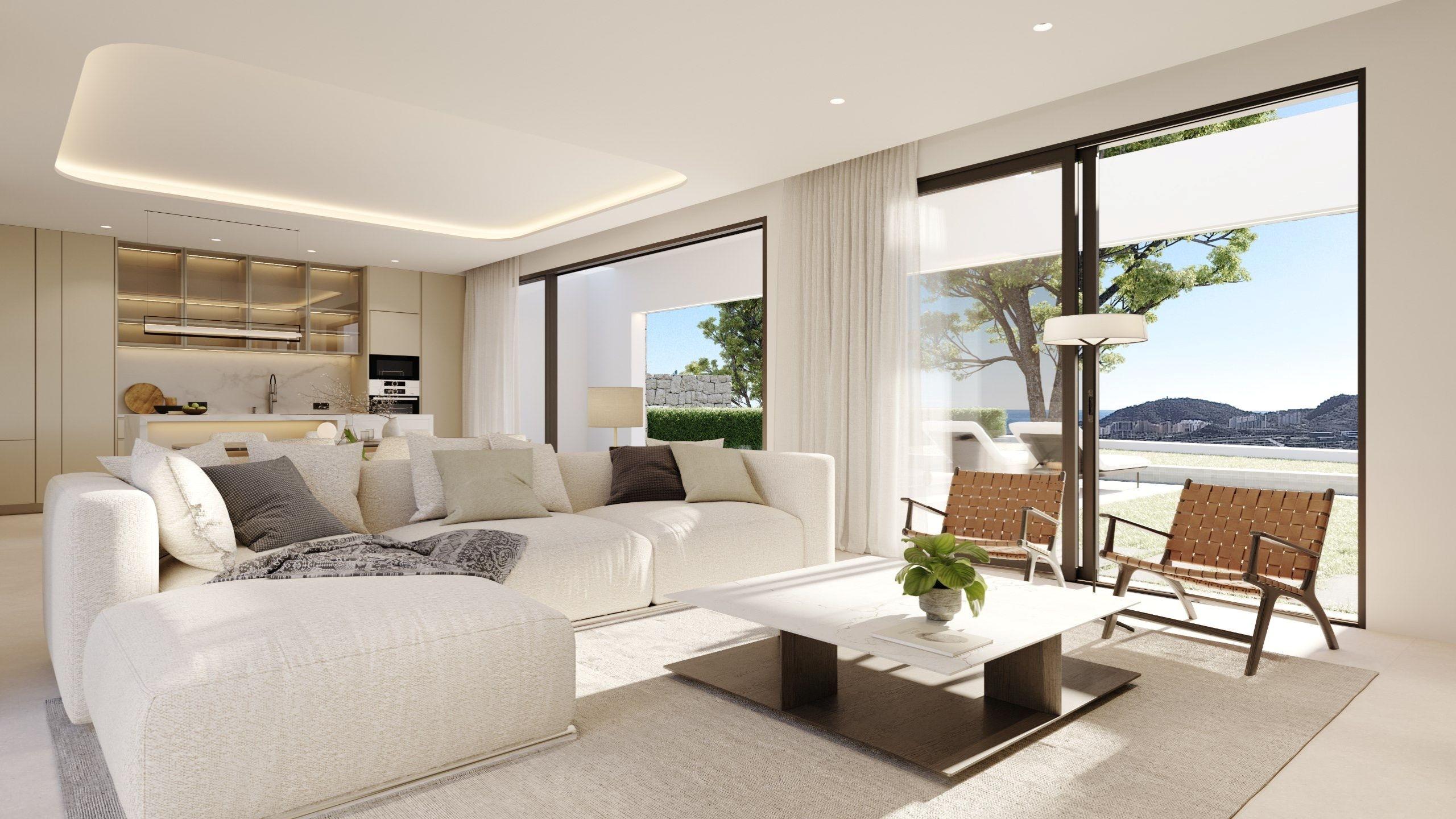 Rear garden and terrace of new-build villa on 603m2 plot in Finestrat Hills