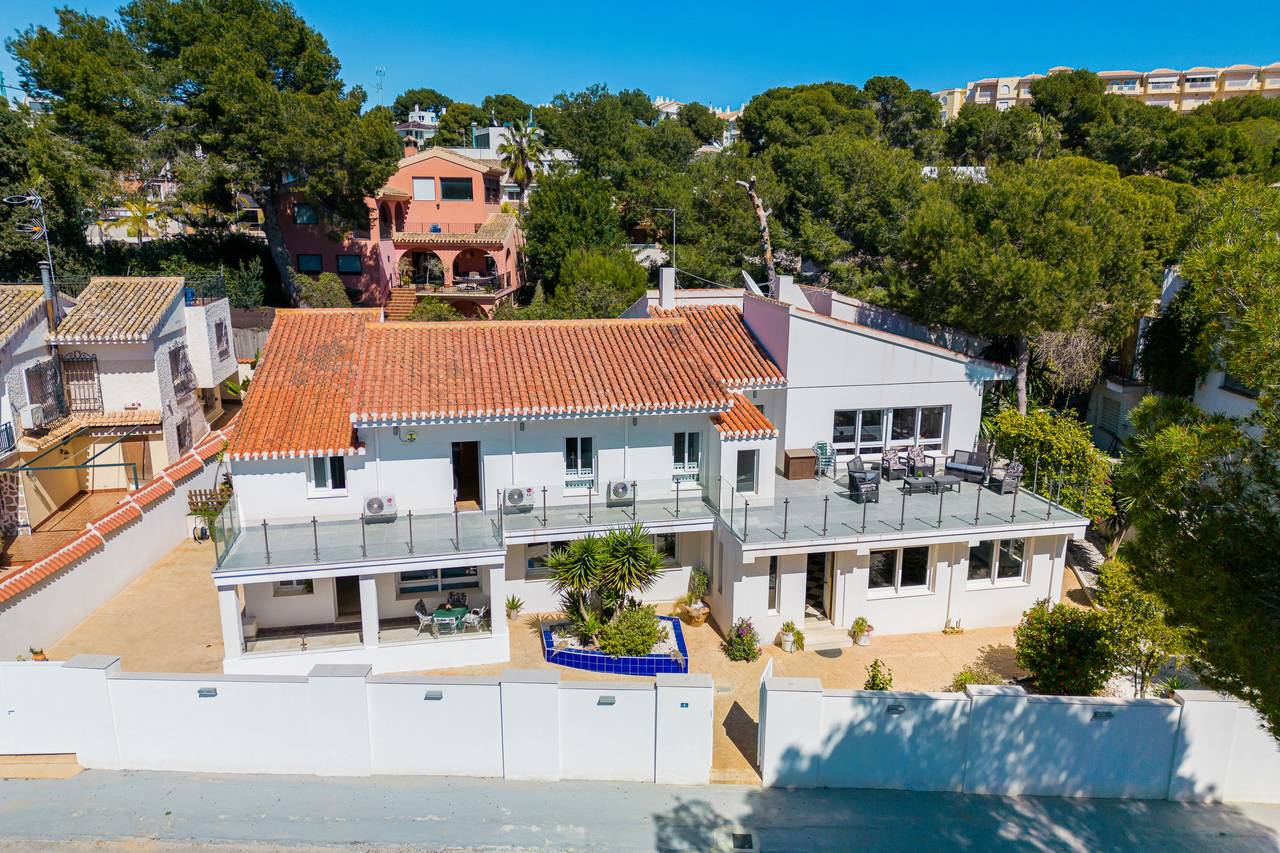 Front facade of 7-bedroom villa in Campoamor, Orihuela Costa