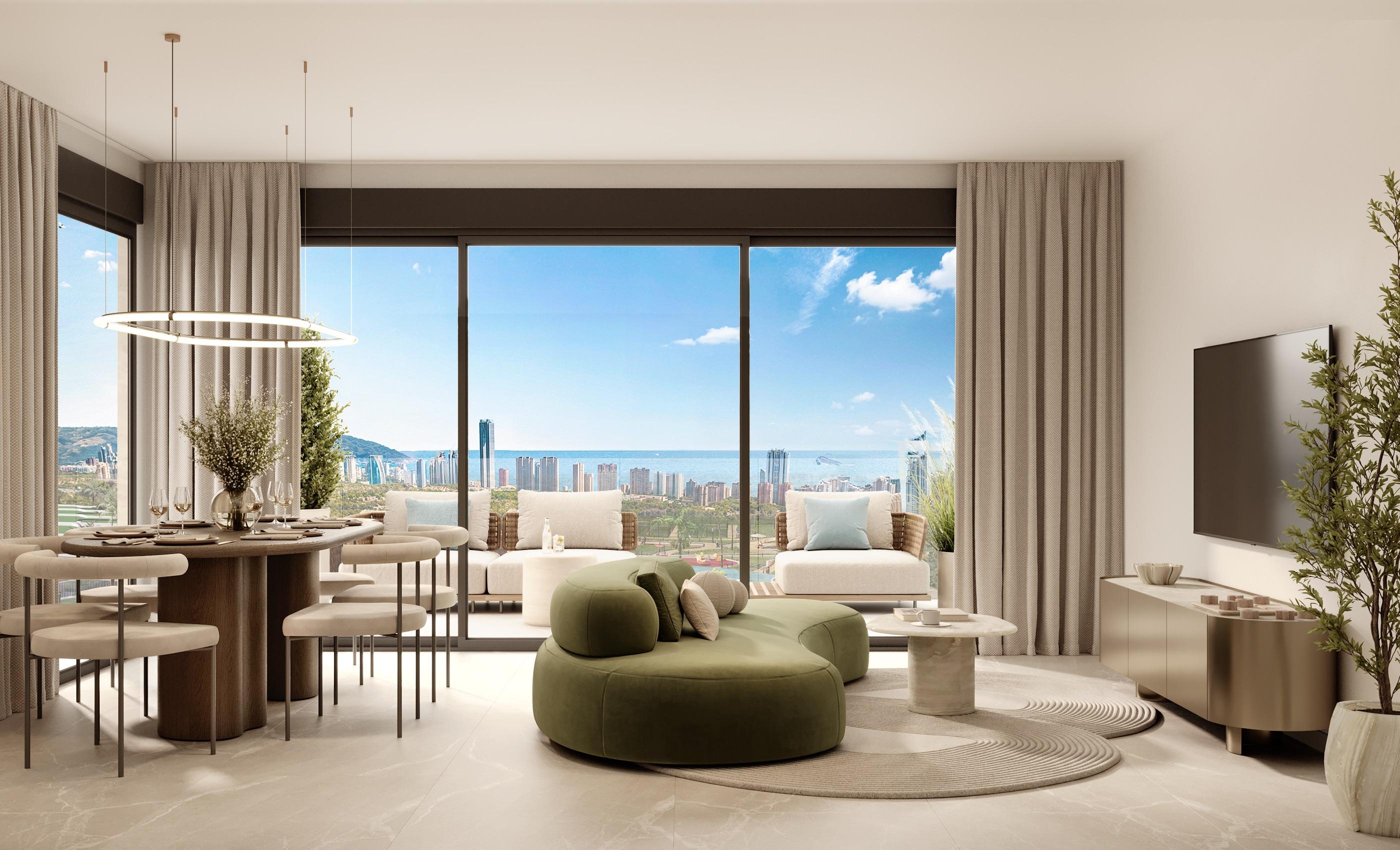 Open-plan living and dining area in 2-bedroom penthouse, Finestrat Hills