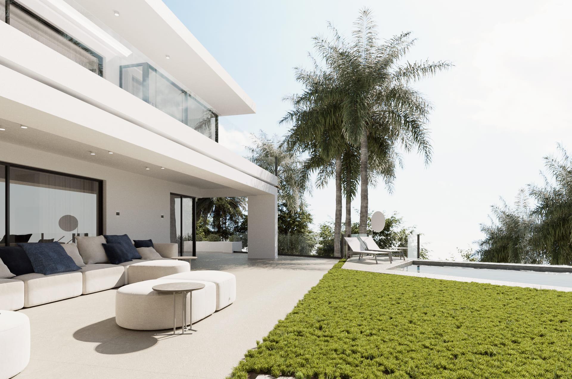 Floor-to-ceiling windows in main living space of new-build villa, Cascada de Camojan