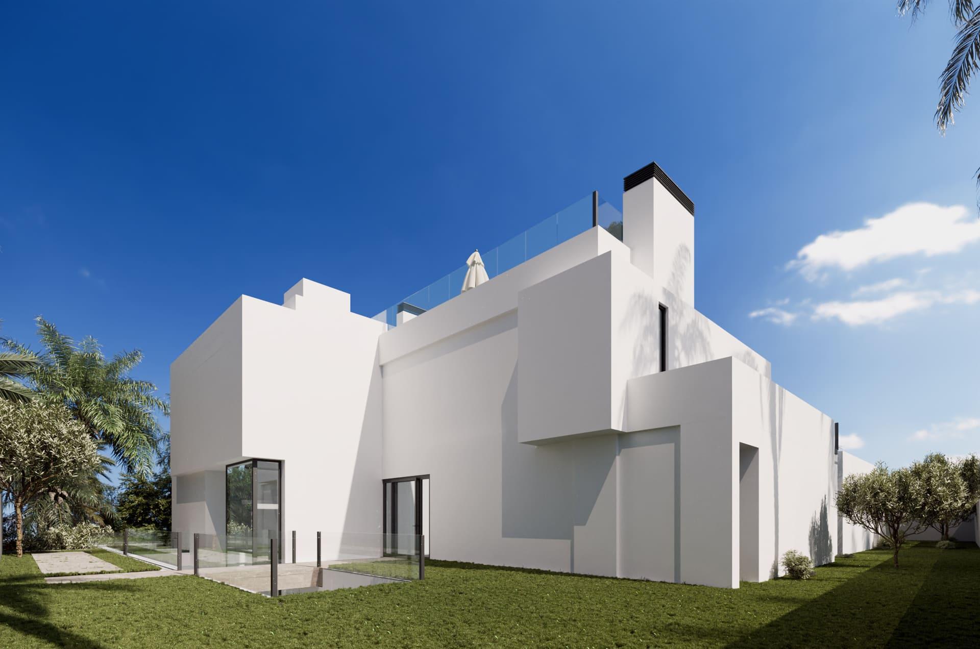 Villa exterior and garden from elevated position, Cascada de Camojan, Marbella