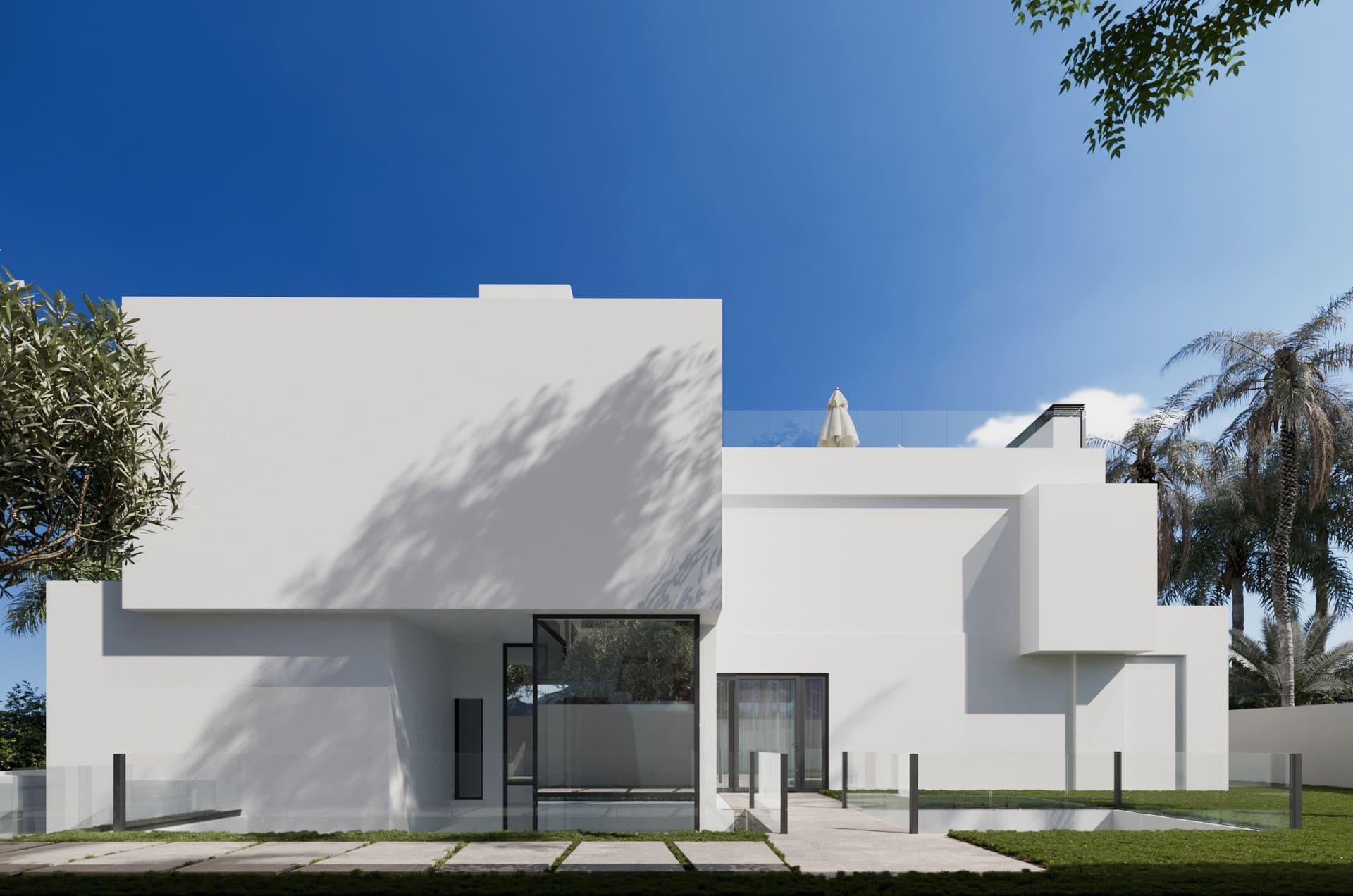 Master bedroom with floor-to-ceiling windows in new-build villa, Cascada de Camojan