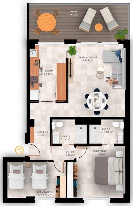 Floor plan of 2-bedroom apartment, 88m2, Seascape Resort, Finestrat