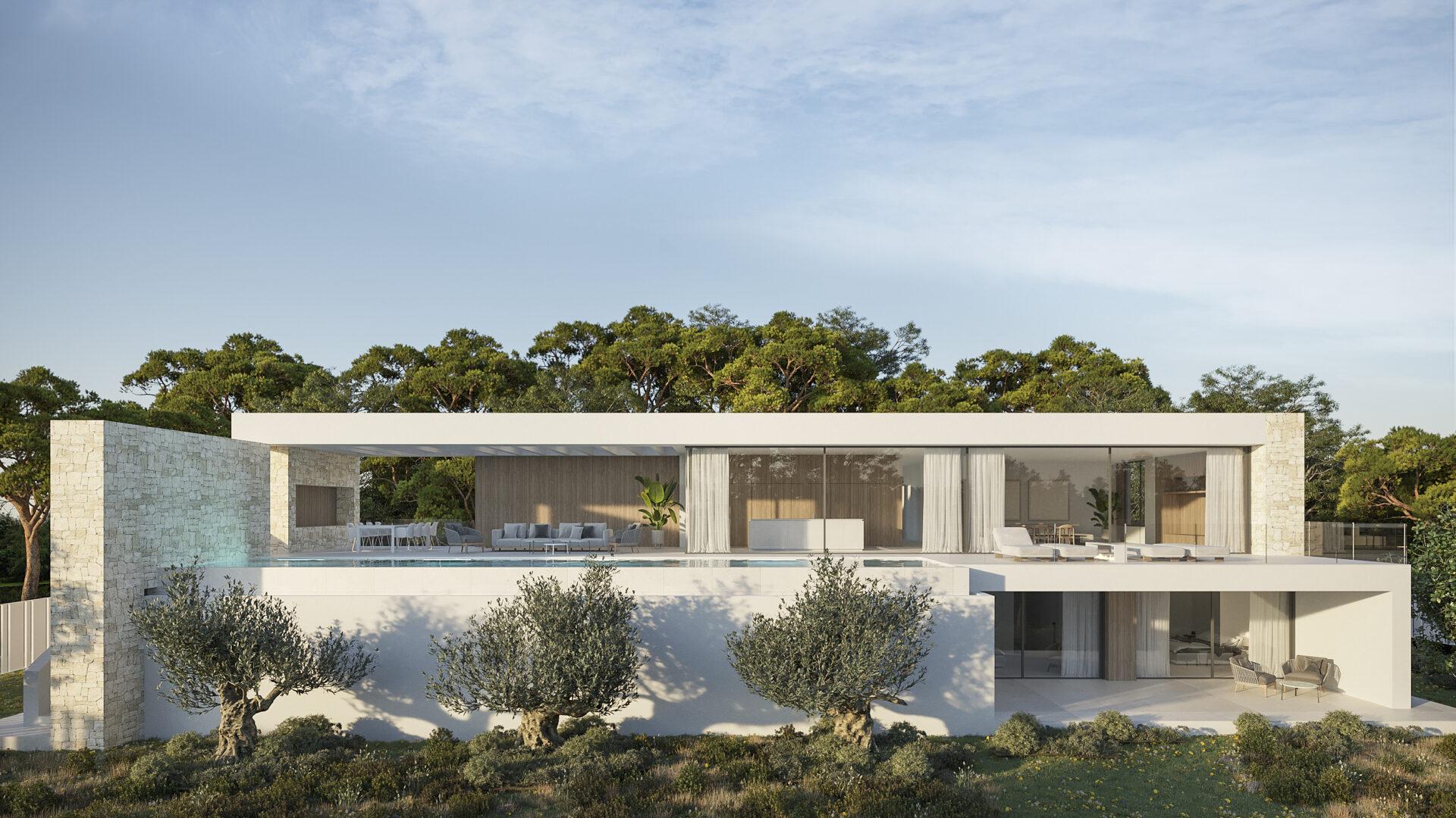 Rear exterior of new-build villa showing garden and pool, Moravit-Cap Blanc, Moraira