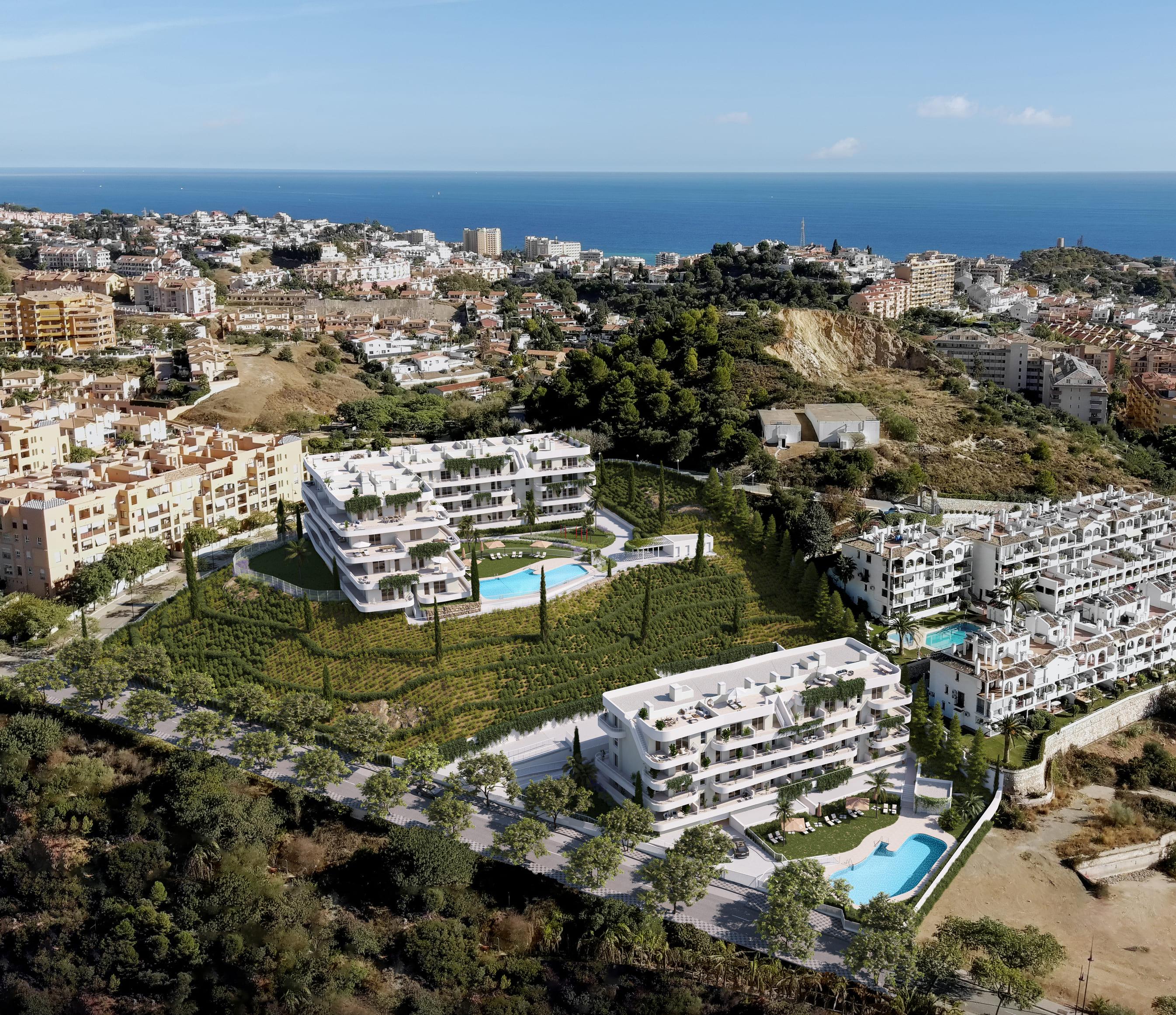 Communal pool area of gated new-build development, Los Pacos, Fuengirola
