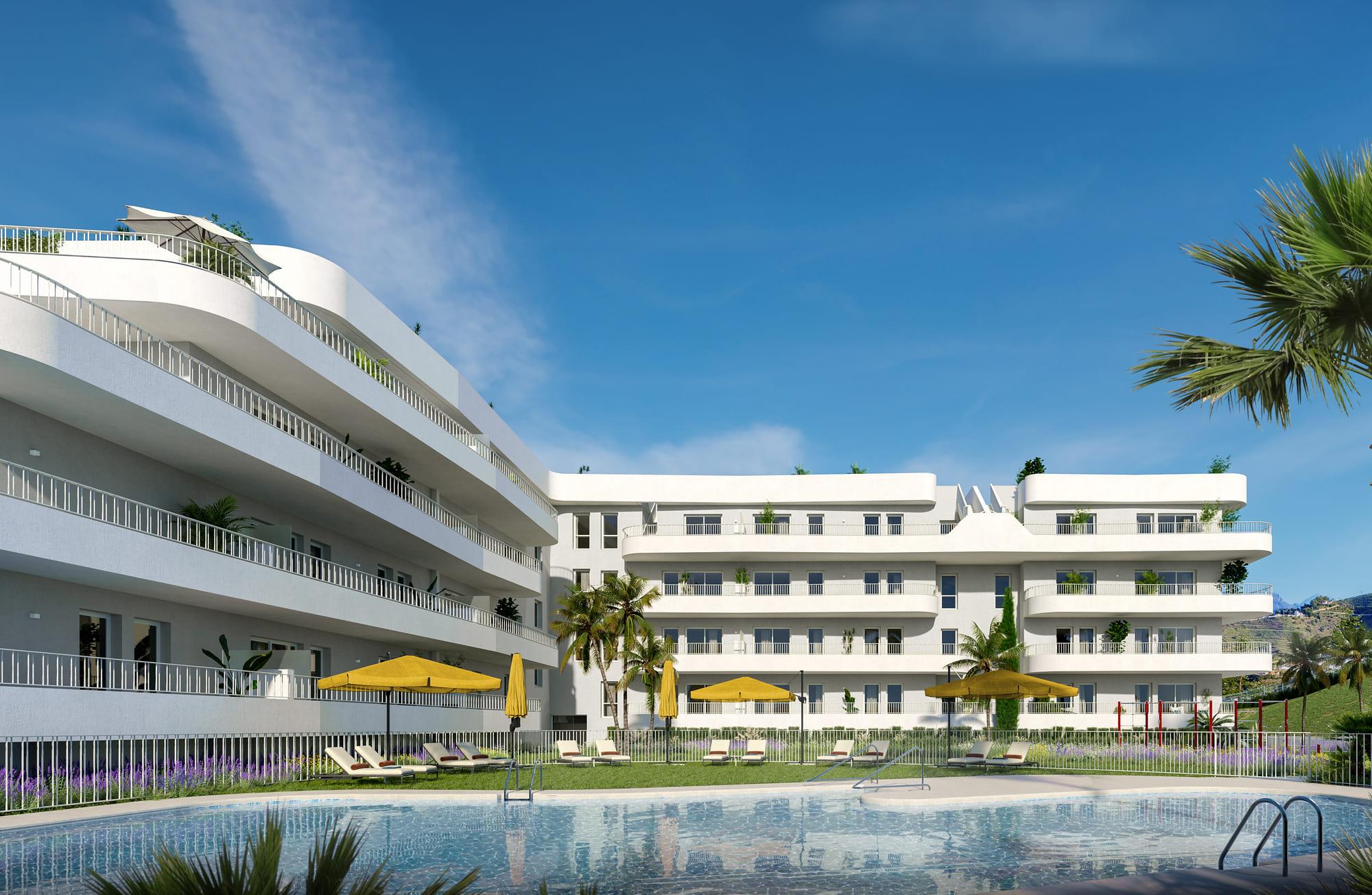 Exterior of new-build development showing communal entrance and façade, Los Pacos, Fuengirola