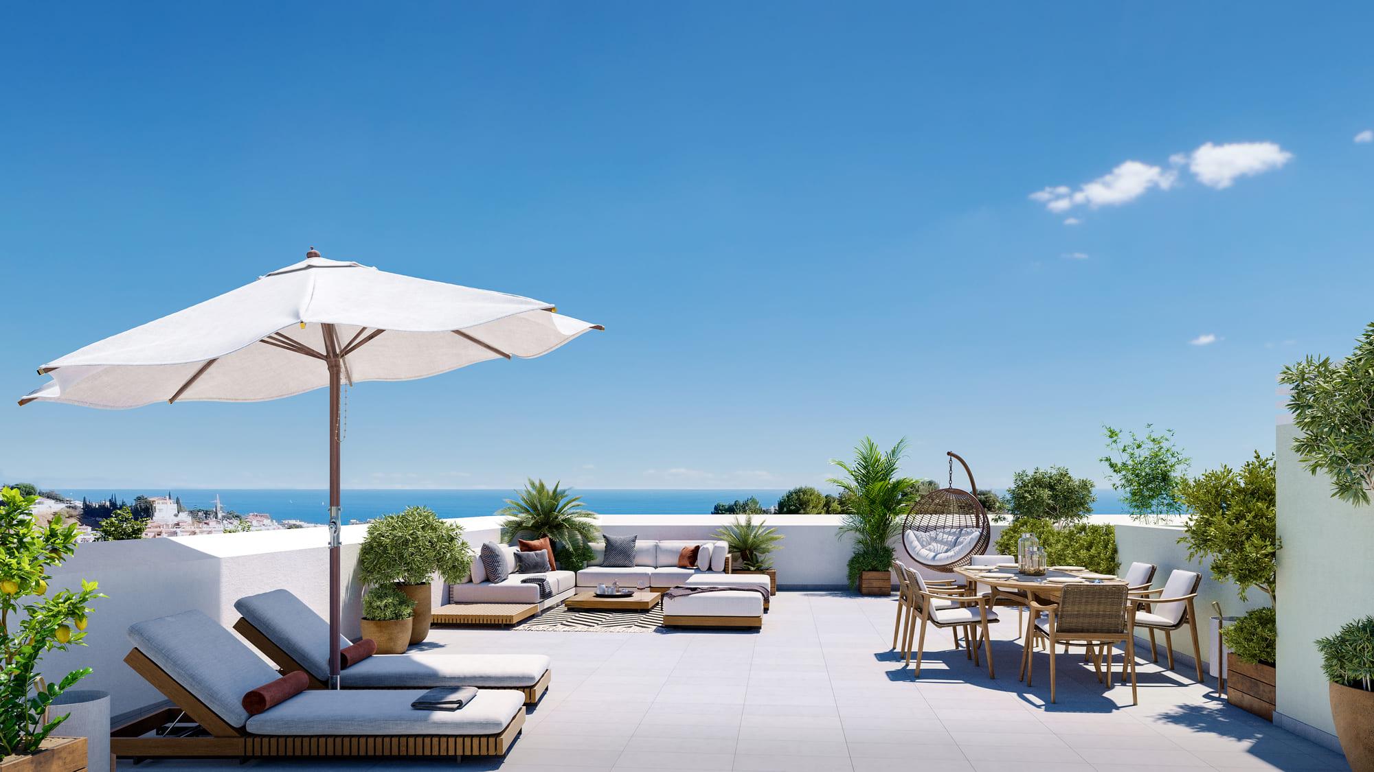 Elevated view from third-floor penthouse level over Los Pacos, Fuengirola