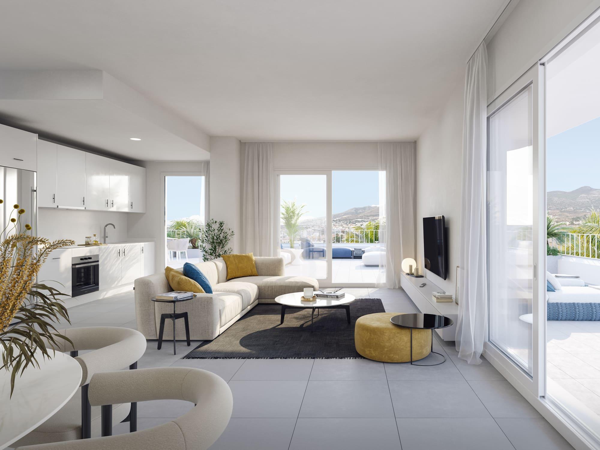 Open-plan living and dining area in 3-bedroom new-build penthouse, Los Pacos, Fuengirola