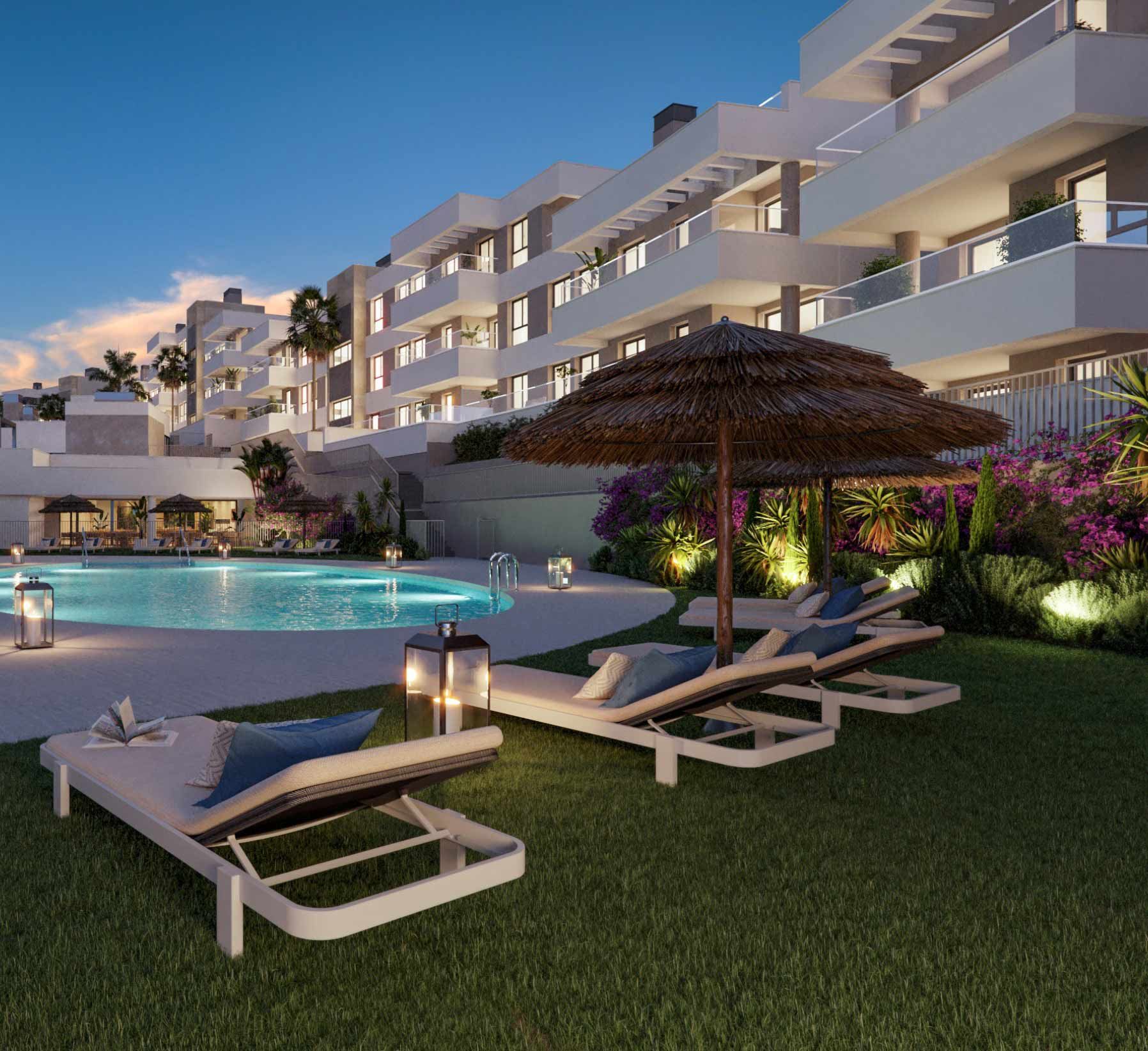 Landscaped communal garden in residential complex, Parque Central, Estepona