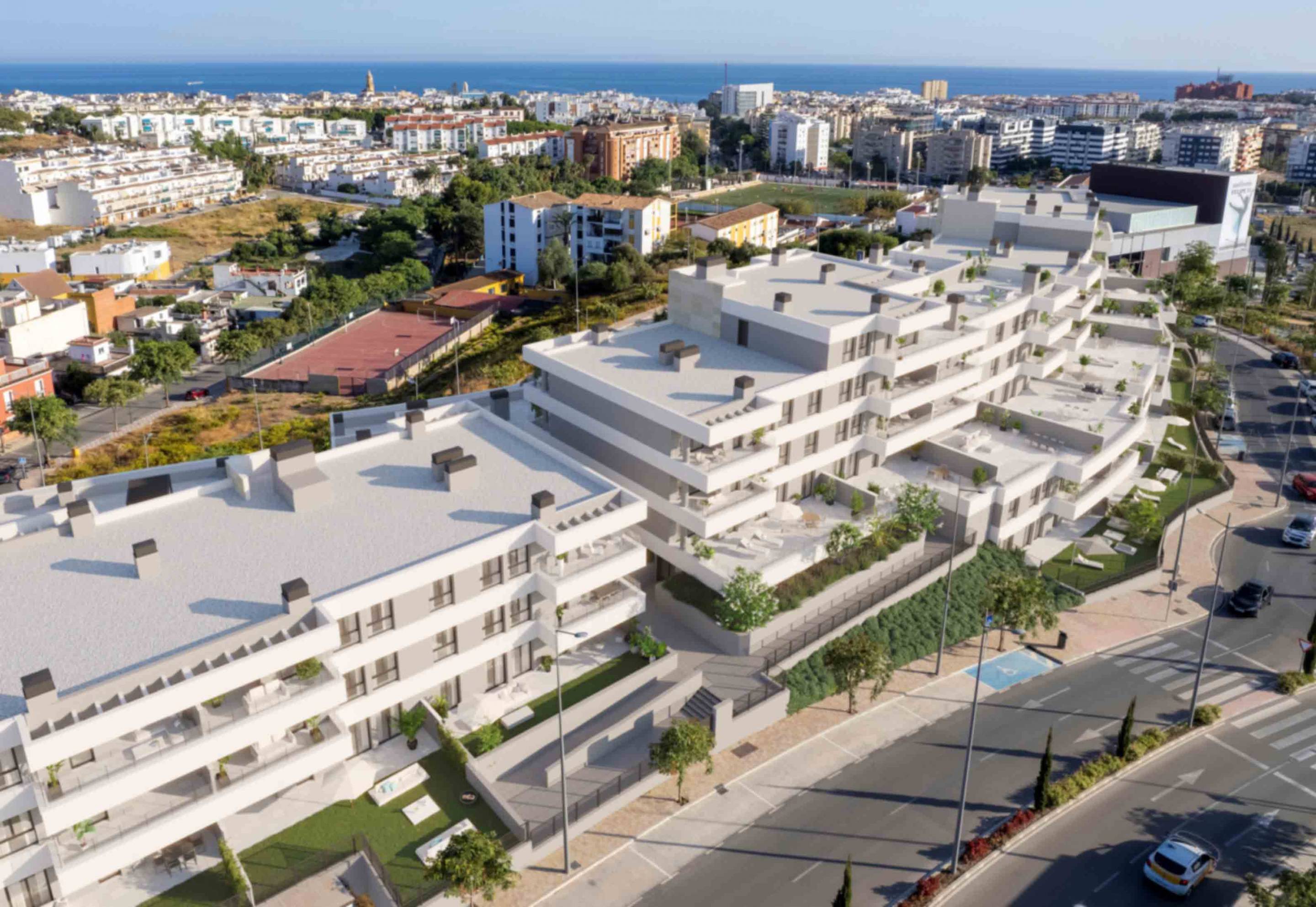 Street-level view of new-build apartment complex, Parque Central, Estepona