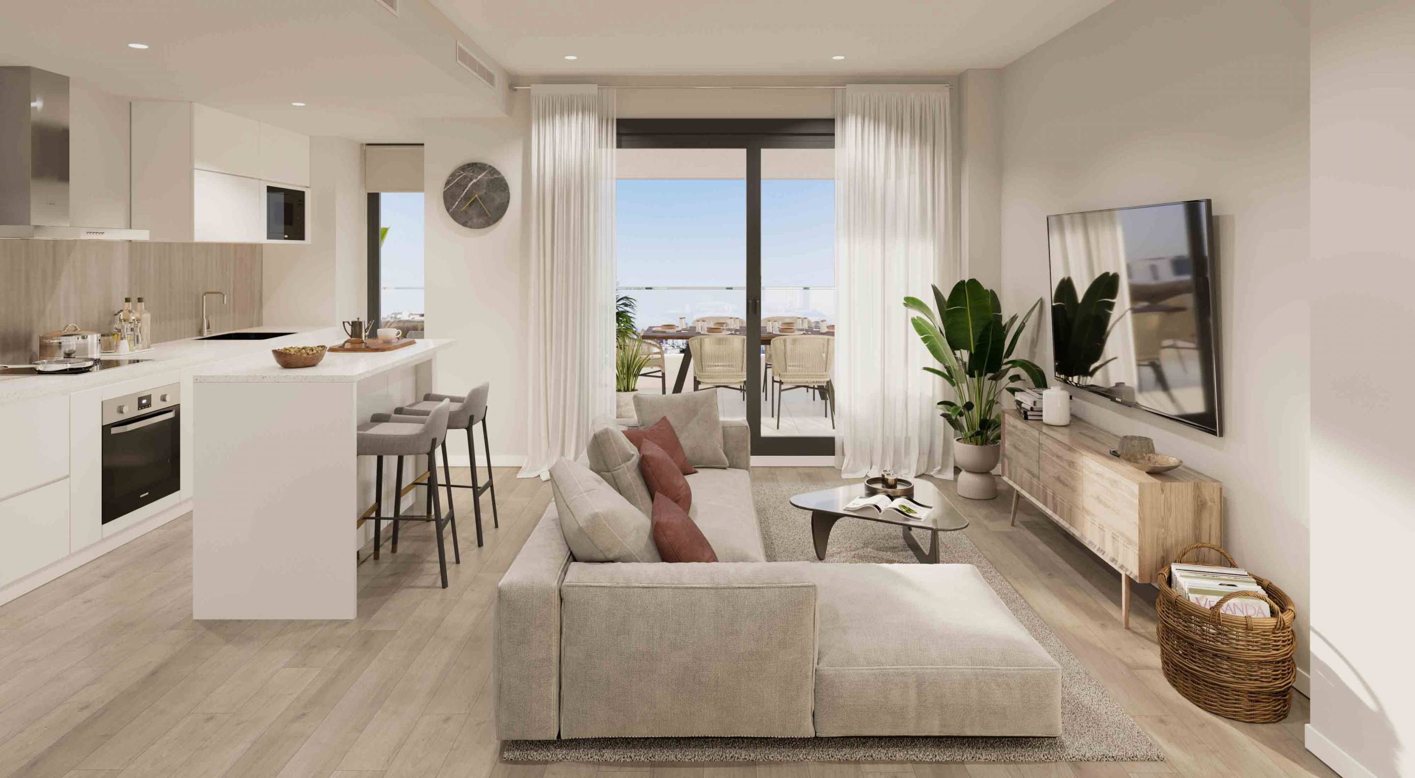 Open-plan living and dining area in 2-bedroom apartment, Parque Central, Estepona